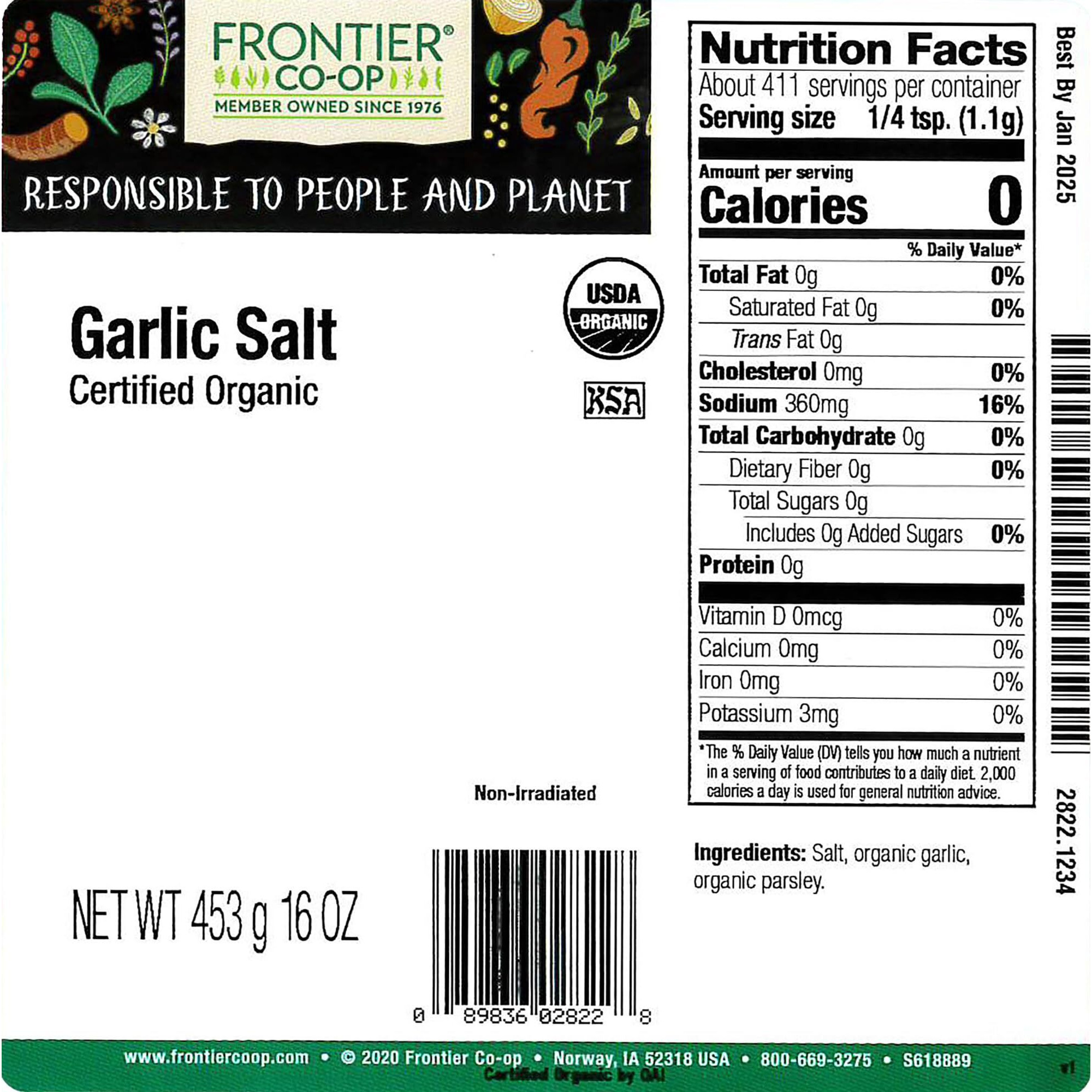 Frontier Co-Op Organic Garlic Salt With Parsley, 1Lb Bulk Bag - Coarse Grind, Natural Garlic Salt Seasoning For Meat, Vegetables, Soups & More, Kosher