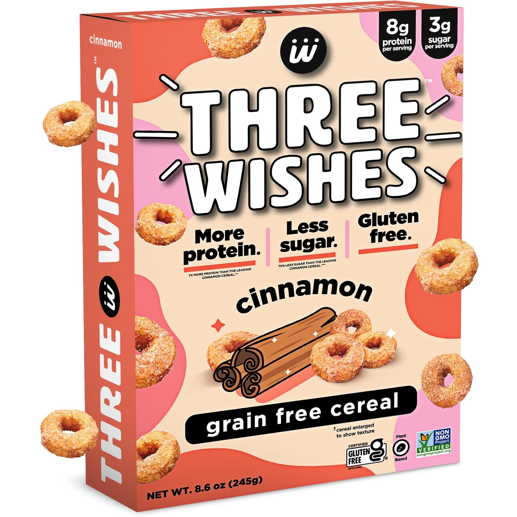 Plant-Based And Vegan Breakfast Cereal By Three Wishes - Cinnamon, 1 Pack - More Protein And Less Sugar Snack - Gluten-Free, Grain-Free - Non-Gmo