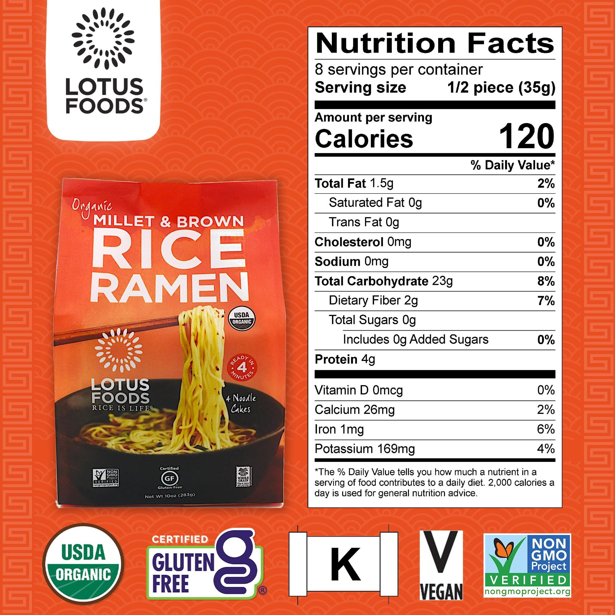 Lotus Foods Organic Millet And Brown Rice Ramen Noodles - Gluten Free Instant Ramen Noodles, Vegan, Low Sodium, Made With Brown Rice Flour And Millet Flour, Ready In 4 Minutes - 10 Oz Bag (Pack Of 1)