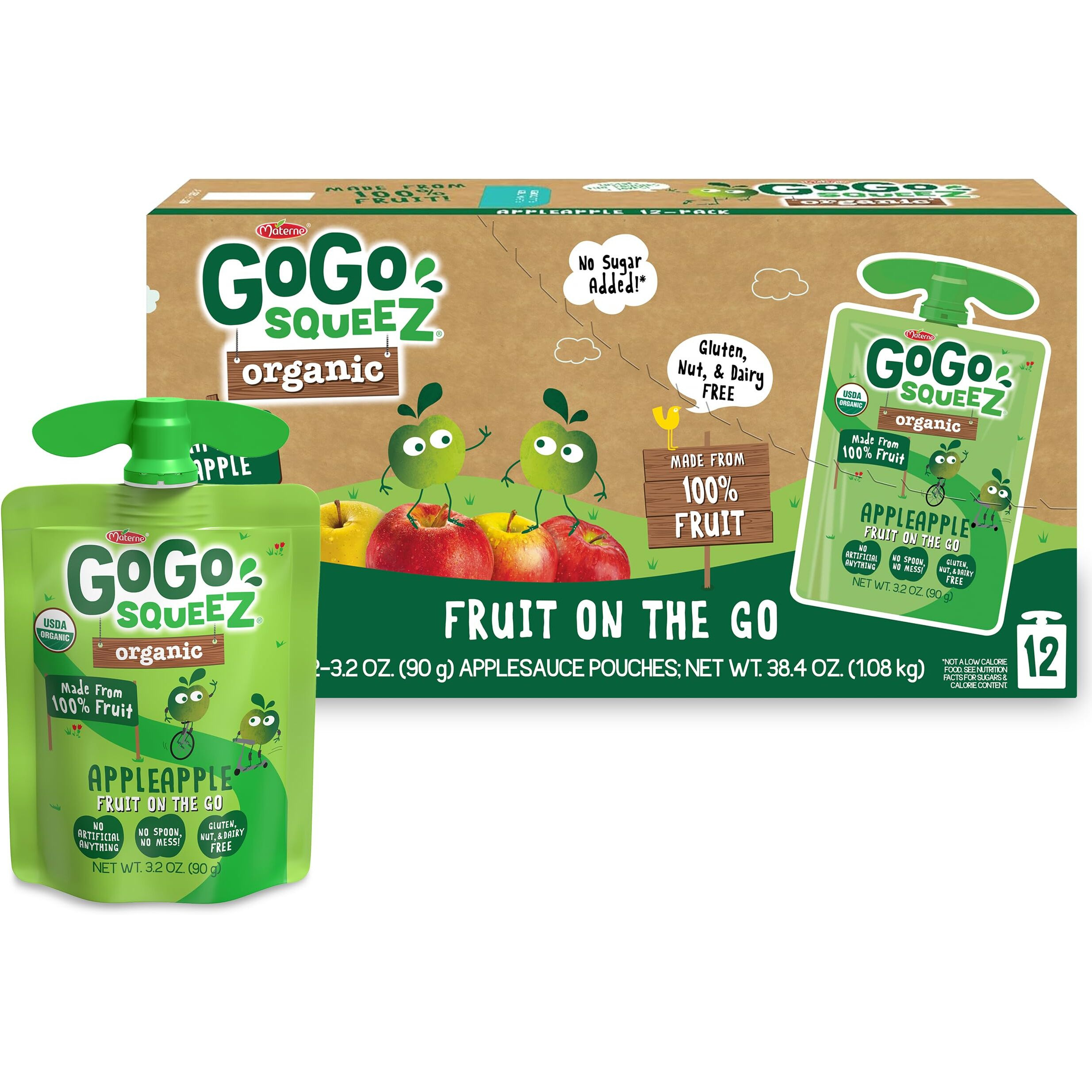Gogo Squeez Organic Applesauce And Fruit Puree, Apple Apple, 3.2 Oz (Pack Of 12), Unsweetened Organic Fruit Snacks For Kids, Gluten Free, Nut Free And Dairy Free, Recloseable Cap, Bpa Free Pouches