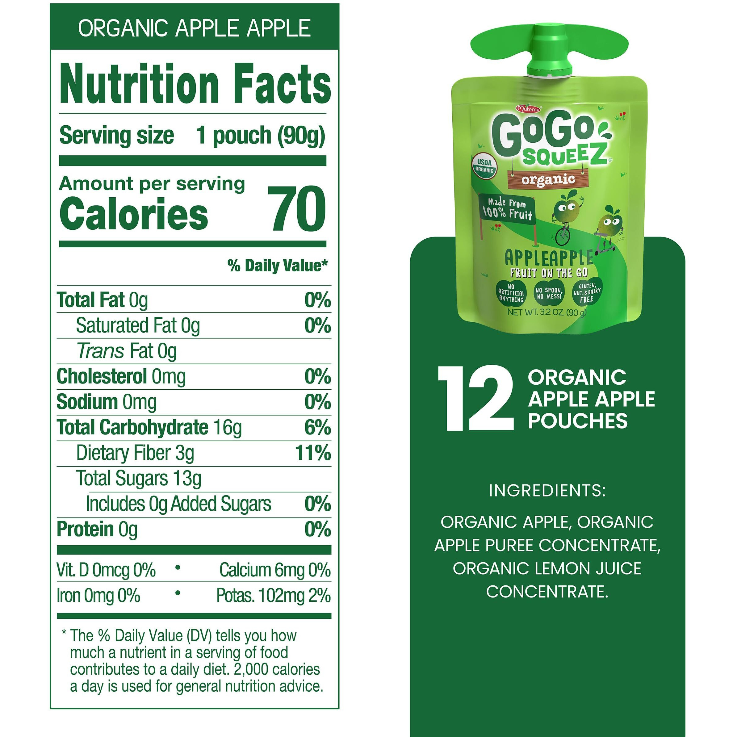 Gogo Squeez Organic Applesauce And Fruit Puree, Apple Apple, 3.2 Oz (Pack Of 12), Unsweetened Organic Fruit Snacks For Kids, Gluten Free, Nut Free And Dairy Free, Recloseable Cap, Bpa Free Pouches