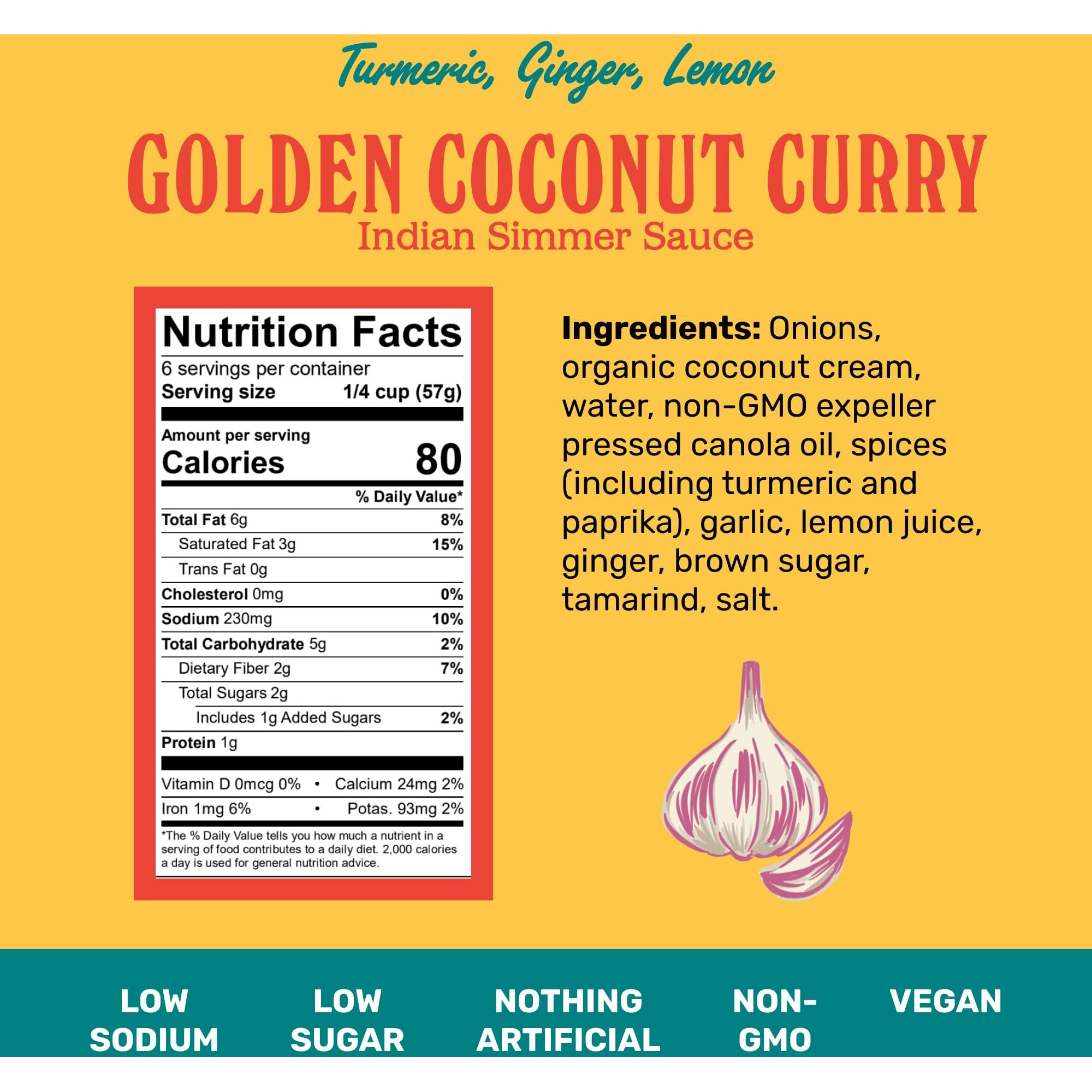 Brooklyn Delhi Golden Coconut Curry - Indian Simmer Sauce With Turmeric, Ginger, Lemon, & Coriander - 12 Ounces - Mild Enough For A Kid, Flavorful Enough For A Foodie - Vegan - No Artificial Additives