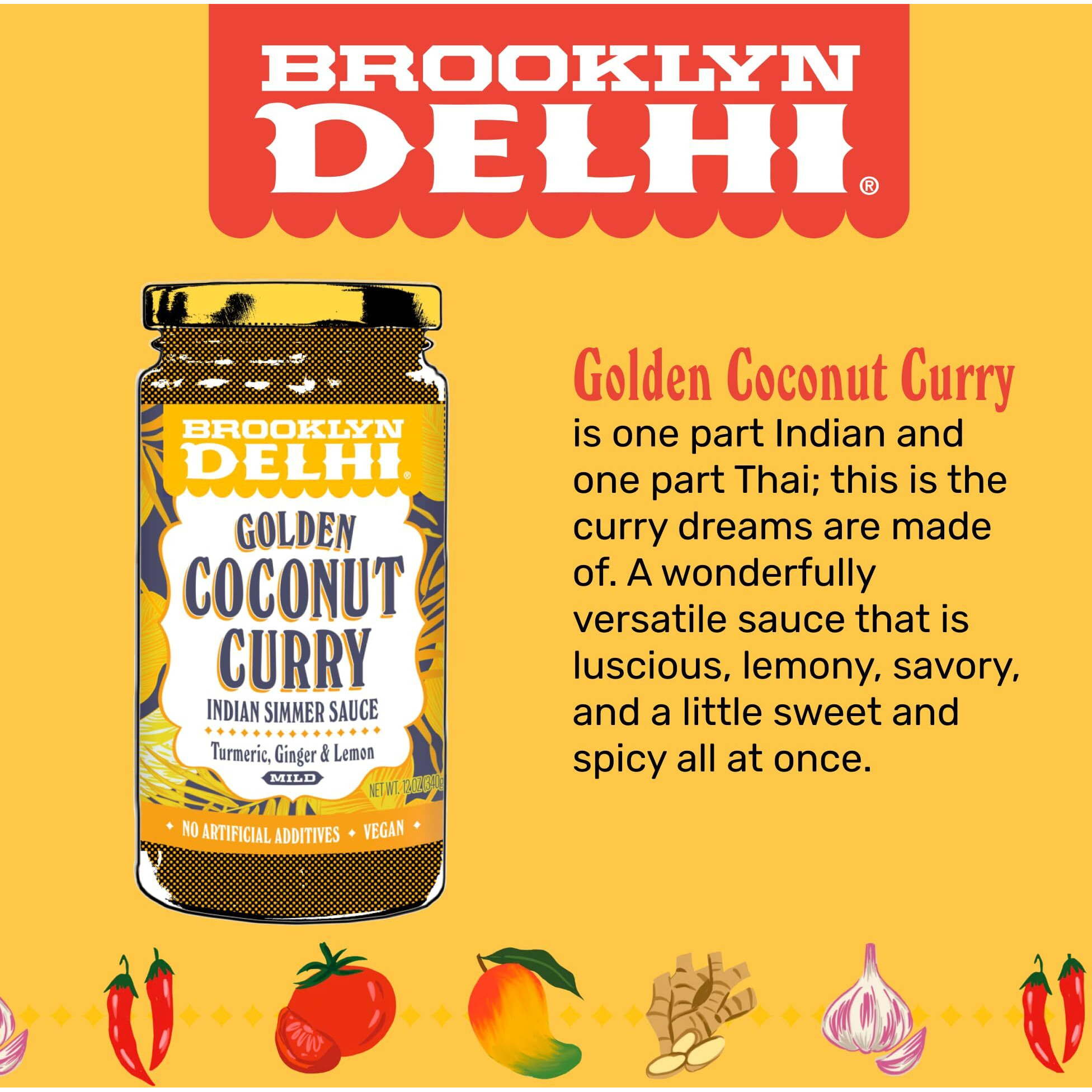 Brooklyn Delhi Golden Coconut Curry - Indian Simmer Sauce With Turmeric, Ginger, Lemon, & Coriander - 12 Ounces - Mild Enough For A Kid, Flavorful Enough For A Foodie - Vegan - No Artificial Additives