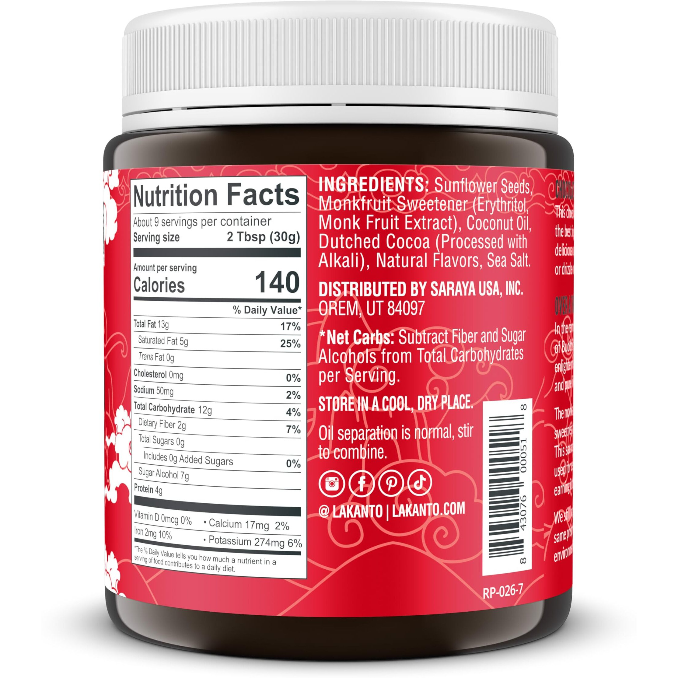 Lakanto Sugar Free Chocolate Sunflower Spread - Monk Fruit Sweetener, Keto Diet Friendly, Vegan, Dutch Cocoa, Chocolate Spread Use For Breakfast, Desserts, Snacks, And More (10 Oz)