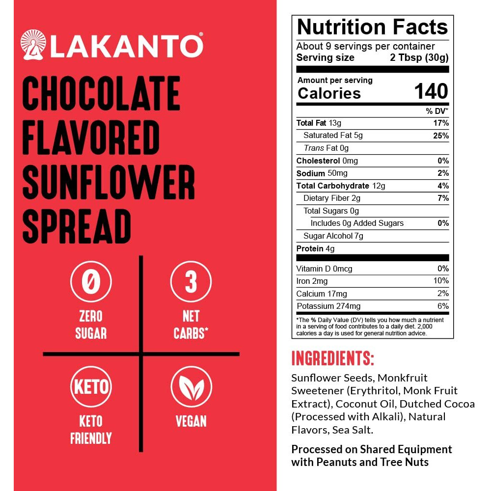 Lakanto Sugar Free Chocolate Sunflower Spread - Monk Fruit Sweetener, Keto Diet Friendly, Vegan, Dutch Cocoa, Chocolate Spread Use For Breakfast, Desserts, Snacks, And More (10 Oz)