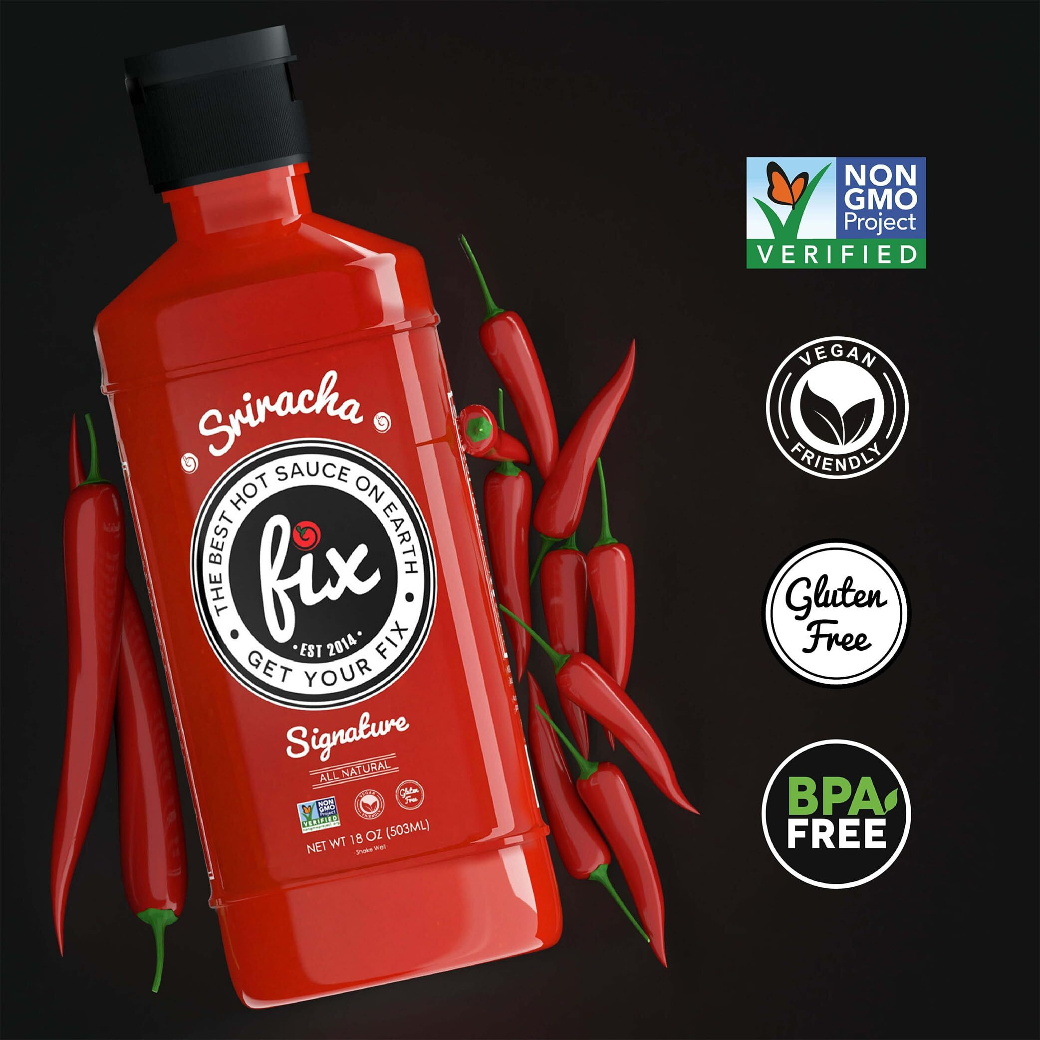 Fix Hot Sauce, Sriracha Sauce - Sriracha Chili Sauce, Organic Red Chili Peppers, Spicy & Bold Flavor, Non-Gmo, Gourmet, Sriracha Sauce Hot, Great In Pho Or Ramen - Signature Flavor, 18 Oz
