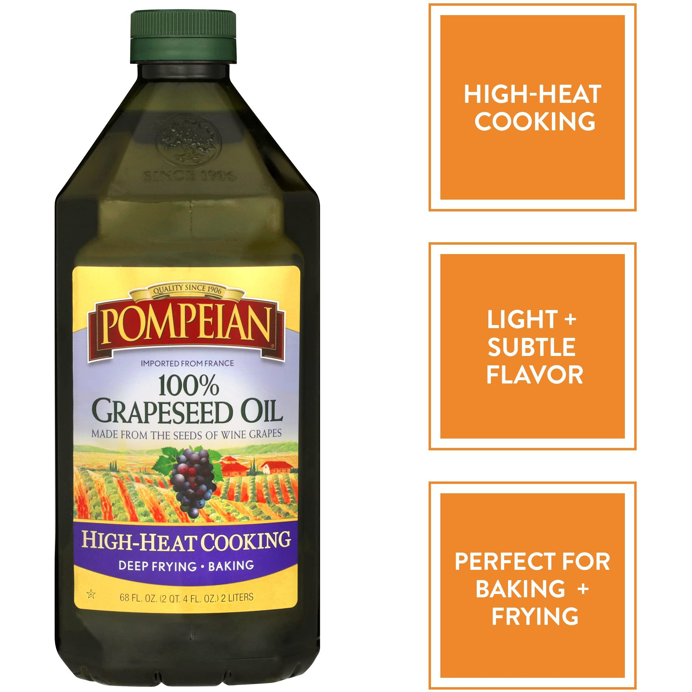 Pompeian 100% Grapeseed Oil, Light And Subtle Flavor, Perfect For High-Heat Cooking, Deep Frying And Baking, 68 Fl. Oz.