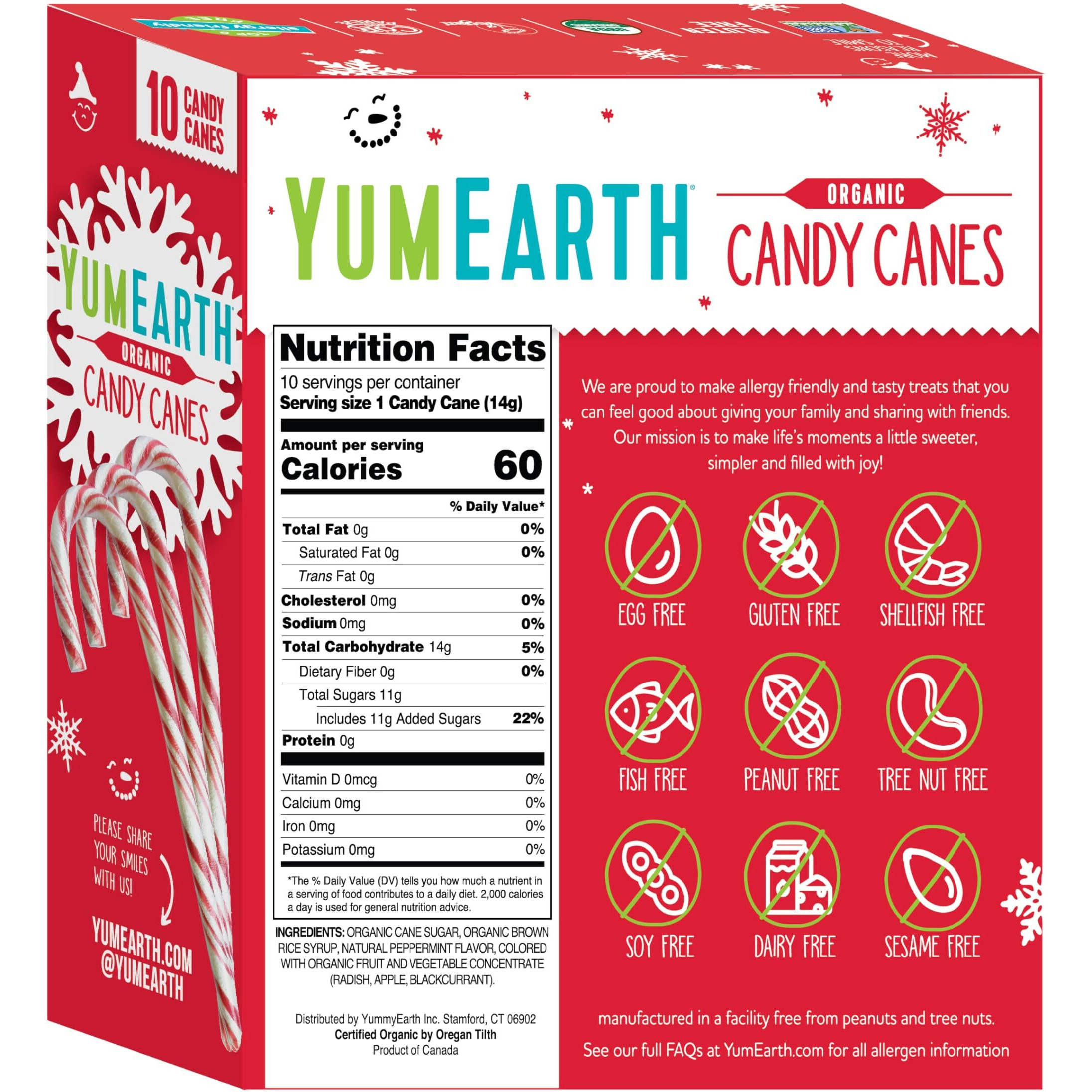 Yumearth Organic Candy Canes - Individually Wrapped Full Size Peppermint Candy Canes - Allergy Friendly, Non Gmo, Gluten Free, Vegan - 10 Count (Pack Of 1)
