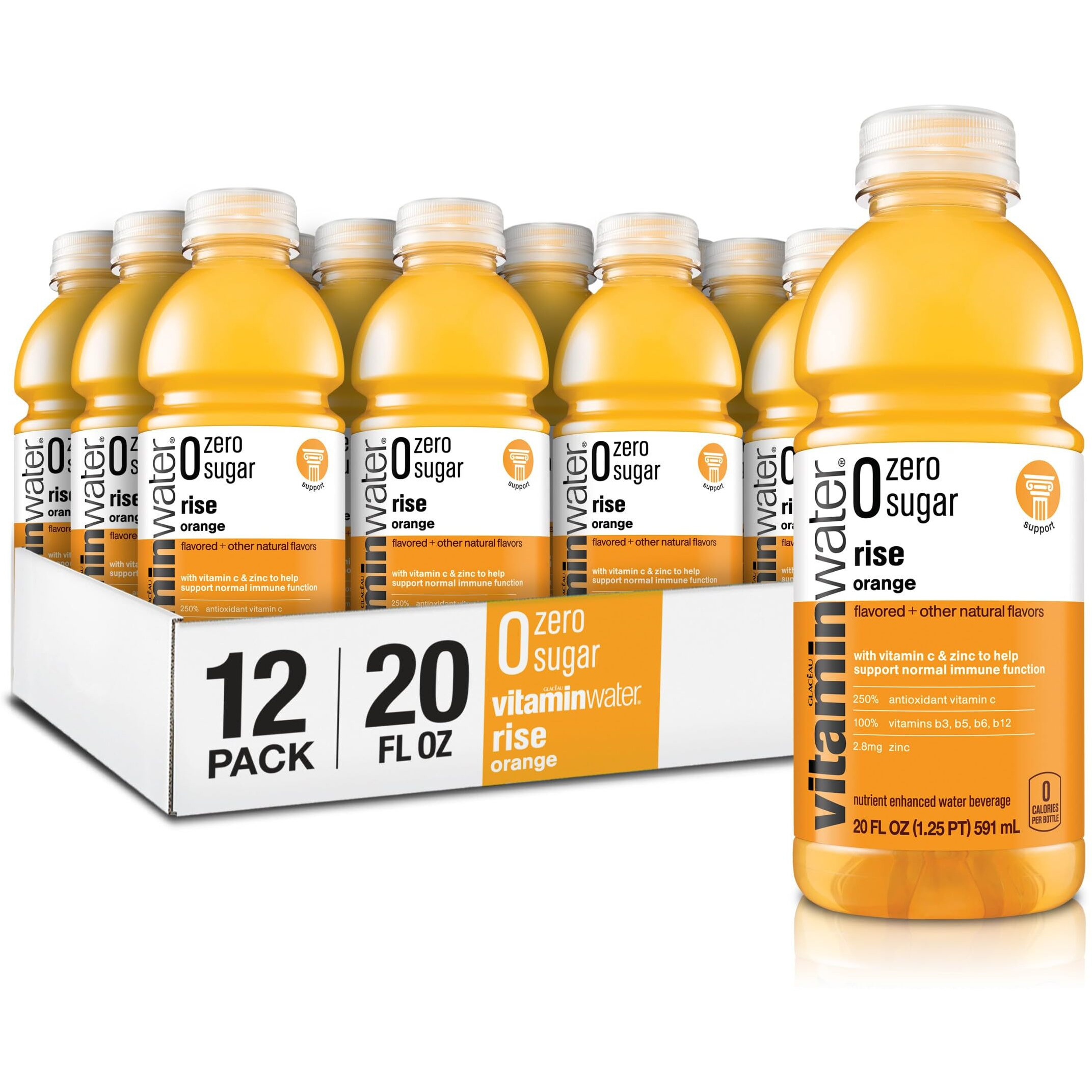 Vitaminwater Zero Sugar Rise, Electrolyte Enhanced Water W/Vitamins, Orange Drinks, 20 Fl Oz, 12 Pack