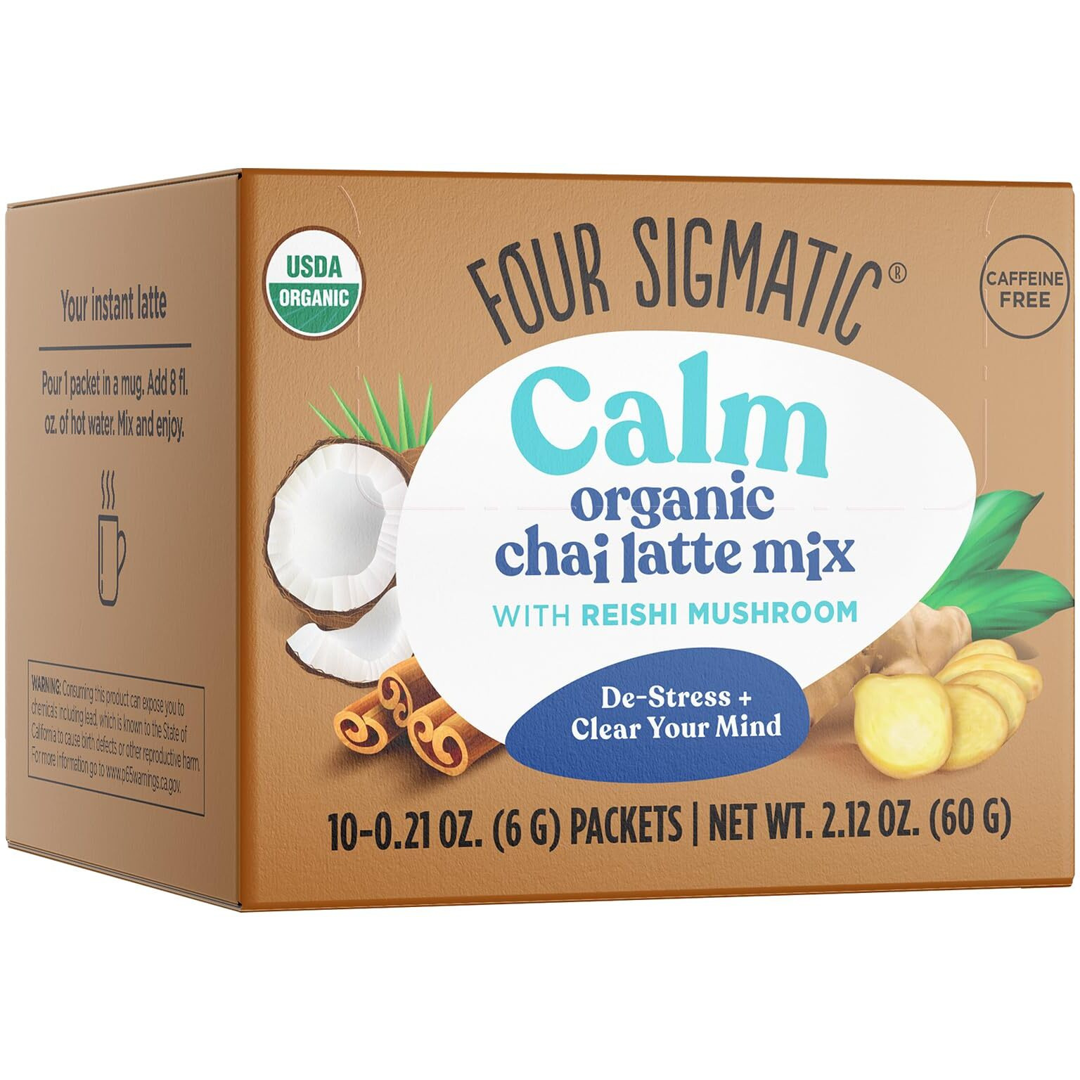 Chai Latte By Four Sigmatic | Organic Instant Chai Latte With Turkey Tail, Reishi Mushrooms & Coconut Milk Powder | Supports Gut & Digestion Health | Decaf, No Dairy & Gluten-Free | 10 Count