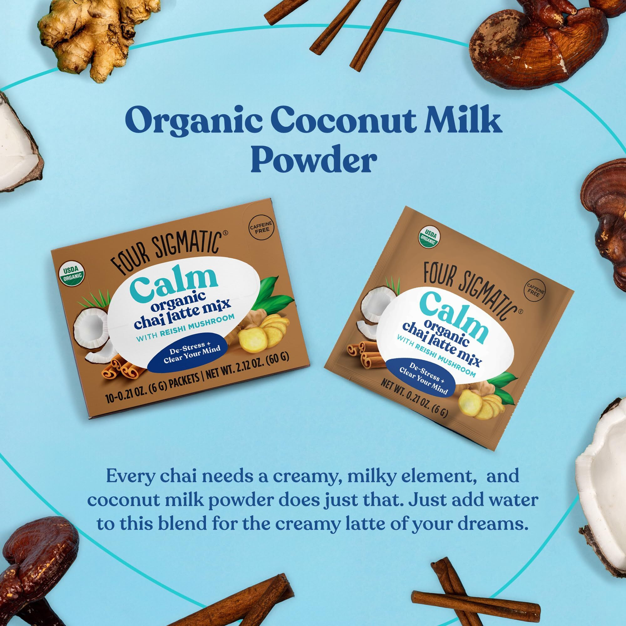 Chai Latte By Four Sigmatic | Organic Instant Chai Latte With Turkey Tail, Reishi Mushrooms & Coconut Milk Powder | Supports Gut & Digestion Health | Decaf, No Dairy & Gluten-Free | 10 Count