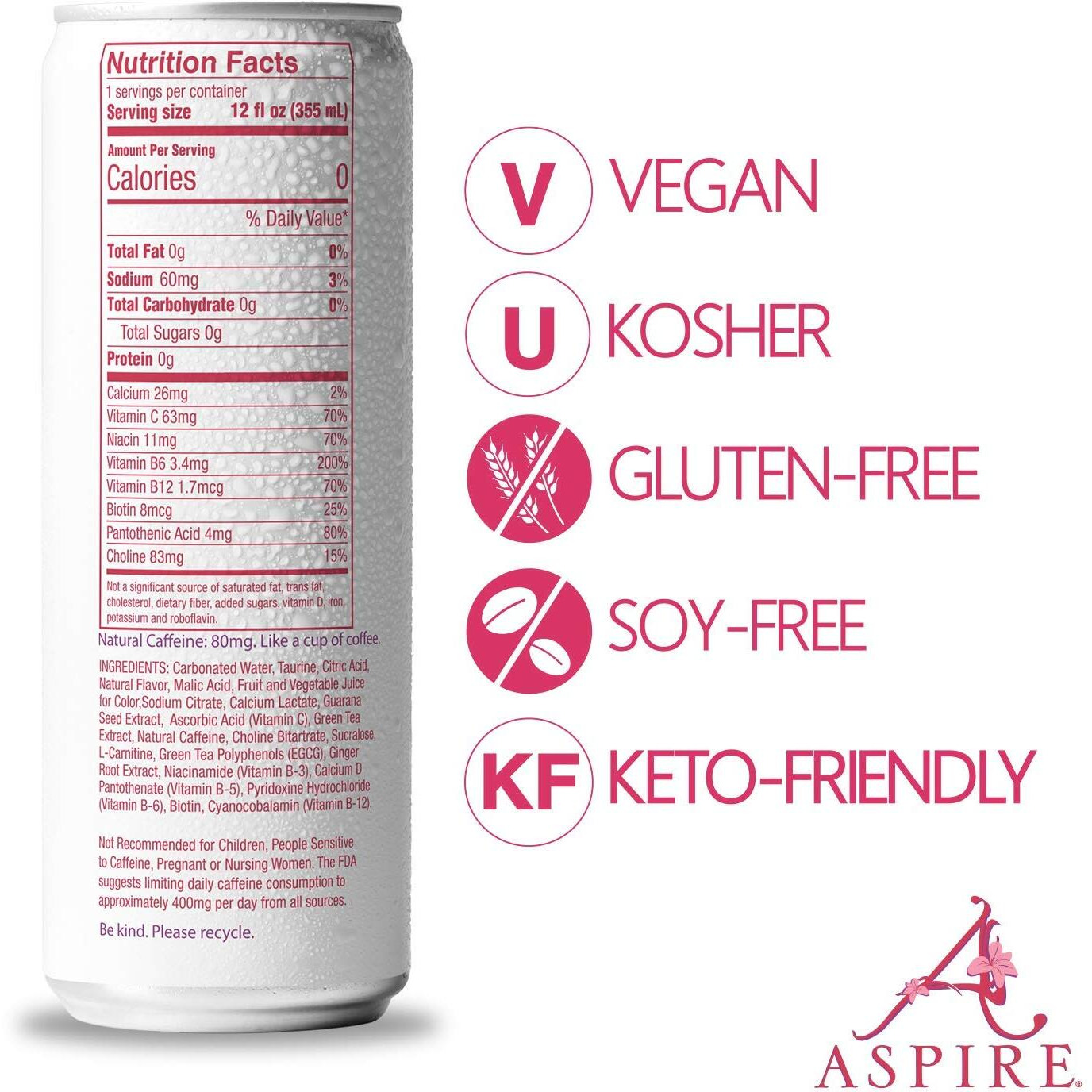 Aspire Healthy Energy, Calorie Burning, Zero Calorie, Zero Sugar Drink Raspberry + Acai 4-Pack