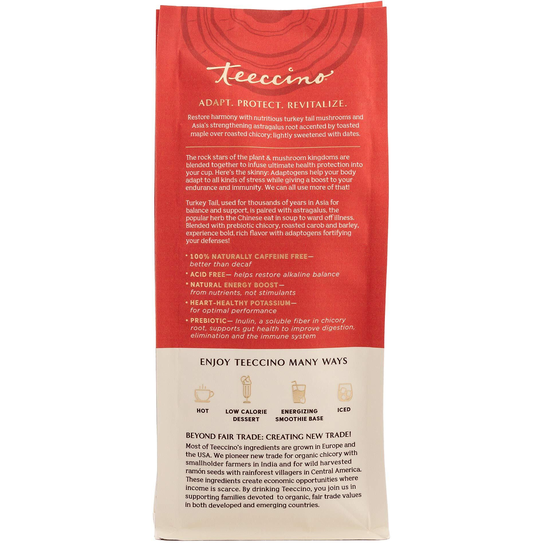 Teeccino Turkey Tail Astragalus Coffee Alternative - Toasted Maple - Adaptogenic Herbal Mushroom Coffee, Medium Roast, Caffeine Free, Prebiotic, Acid Free, All-Purpose Grind - 10 Oz