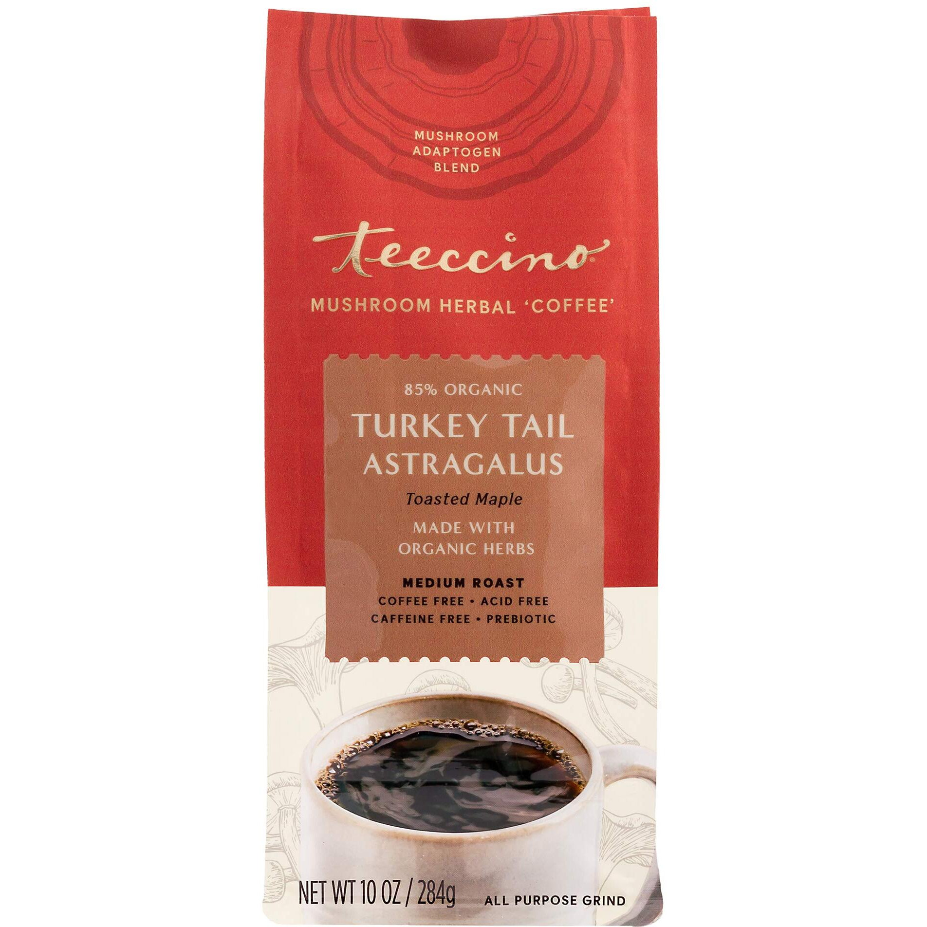 Teeccino Turkey Tail Astragalus Coffee Alternative - Toasted Maple - Adaptogenic Herbal Mushroom Coffee, Medium Roast, Caffeine Free, Prebiotic, Acid Free, All-Purpose Grind - 10 Oz