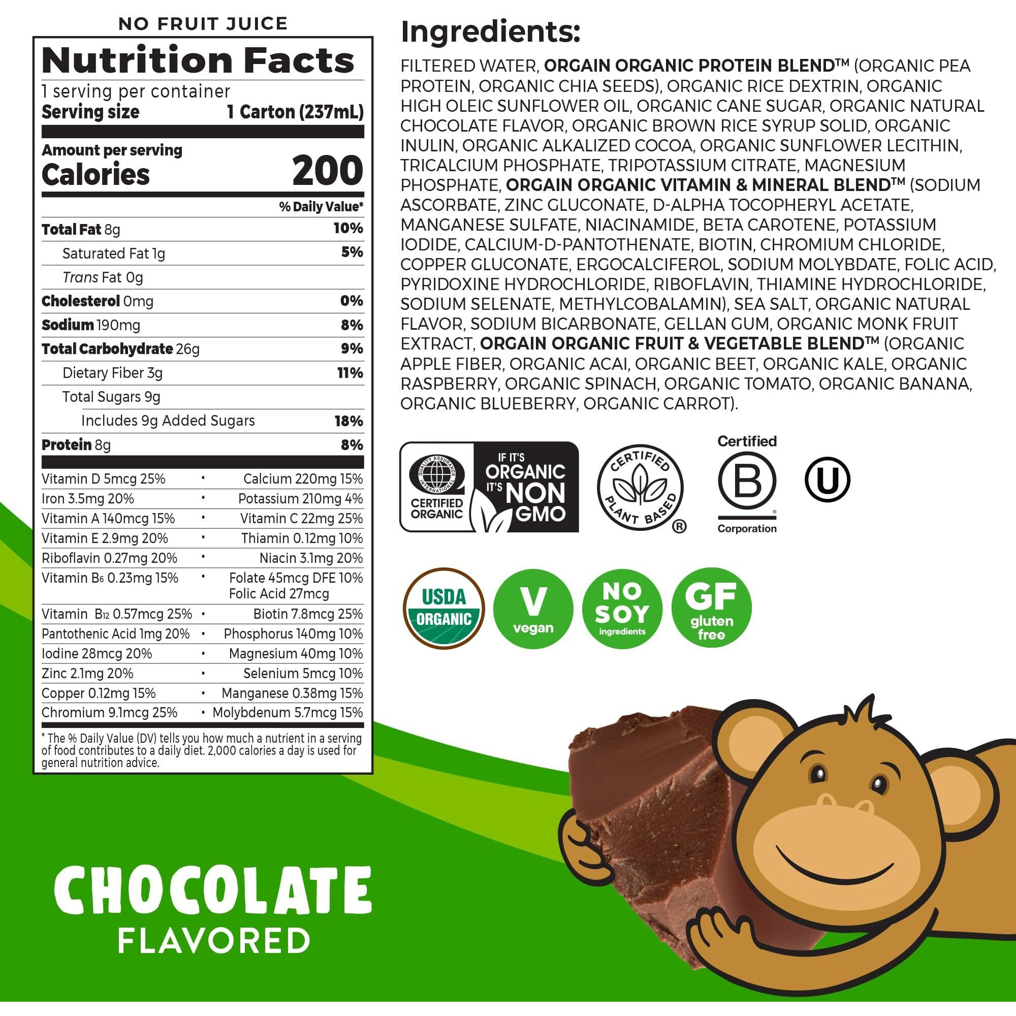 Orgain Organic Kids Nutritional Vegan Protein Shake, Chocolate - Healthy Kids Snacks, 8G Plant Protein, 23 Vitamins & Minerals, 3G Fiber, No Dairy & Soy Ingredients, Non-Gmo, 8 Fl Oz (Pack Of 12)