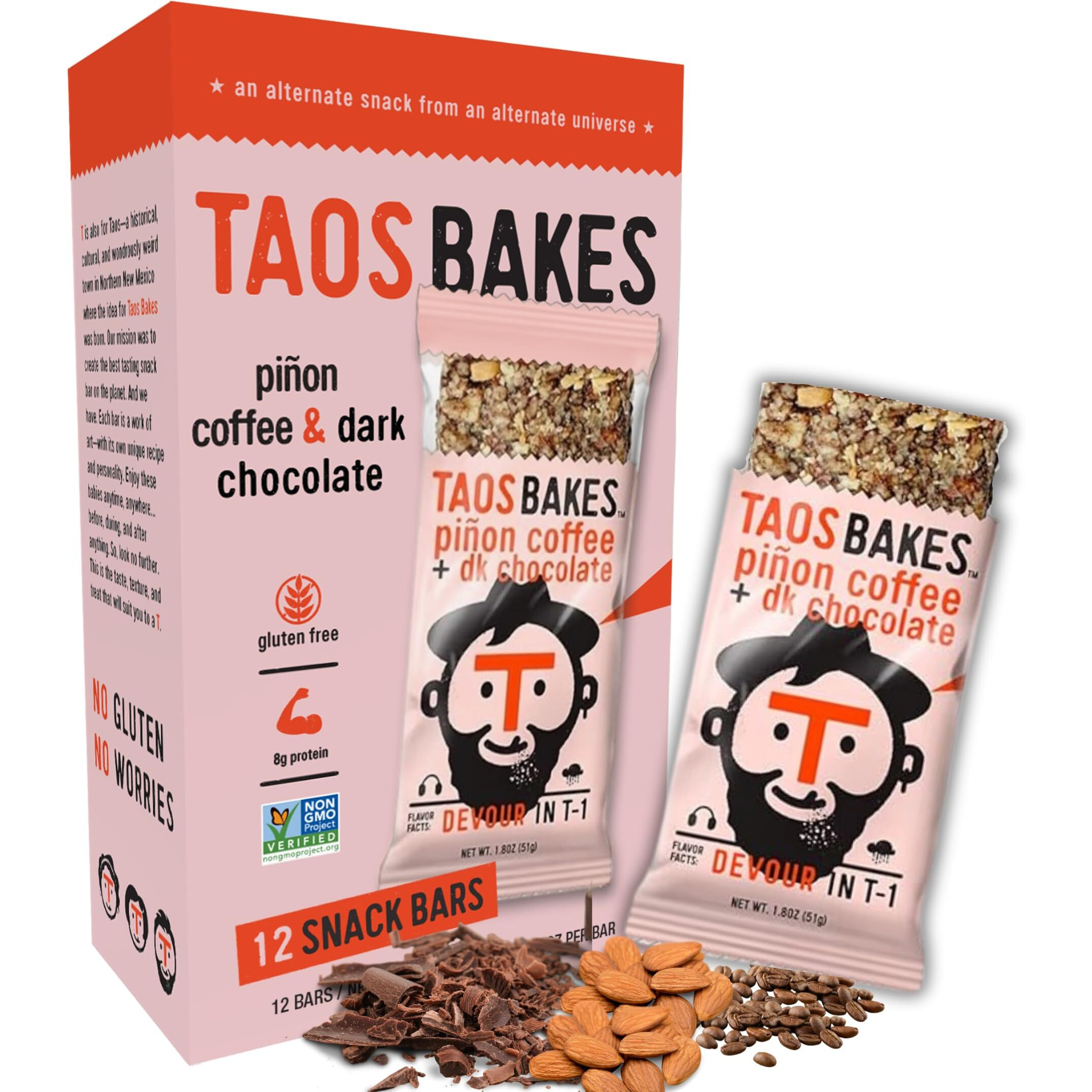 Taos Bakes - Coffee + Dark Chocolate - Breakfast Bar - 8G Of Protein, 6G Fiber, & Gluten Free - Healthy Snack For Adults - Filled With Pine Nuts, Almonds, Chocolate, & Chia Seeds - 12 Pack, 1.8Oz Ea