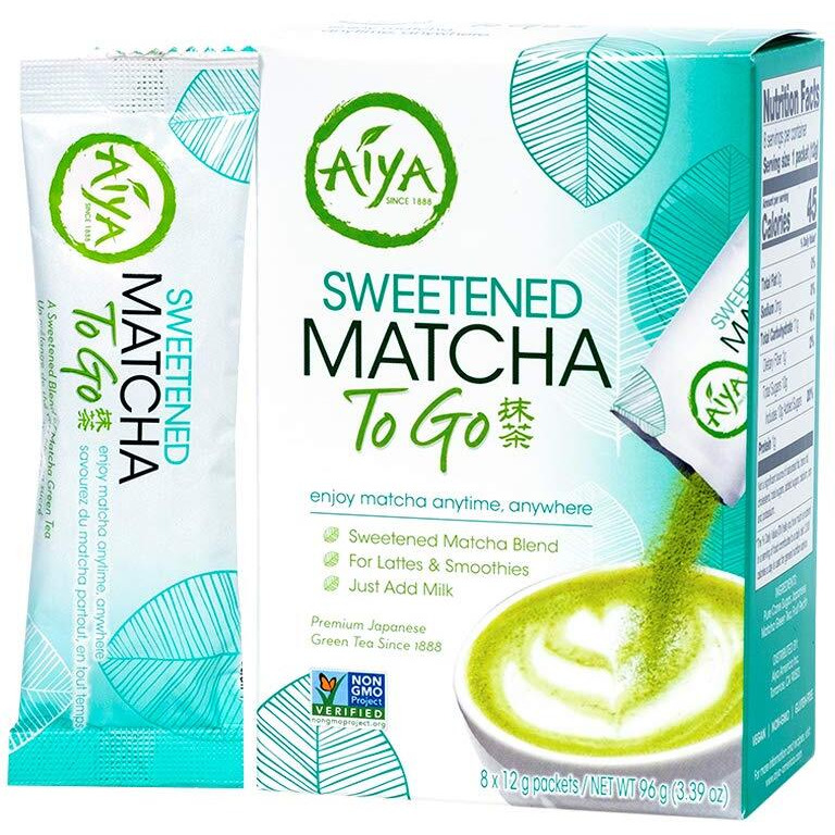 Aiya Japanese Sweetened Matcha Powder To Go Sticks - Ceremonial Grade, Vegan-Friendly, Gluten-Free - 8 Individually Packed Single-Serving Sticks For Freshness And Convenience