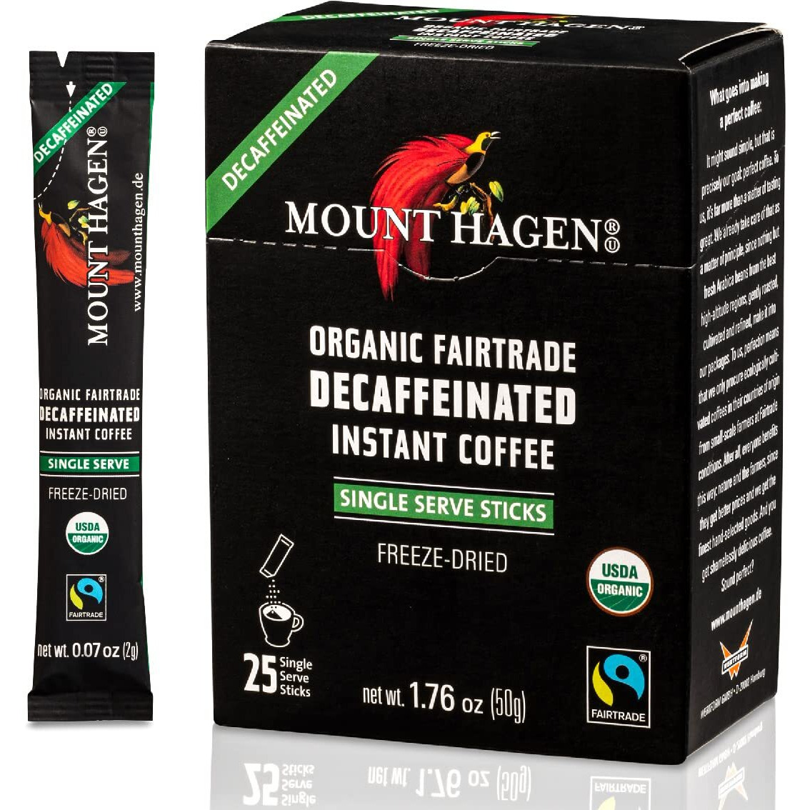 Mount Hagen 25 Count Single Serve Instant Decaf Coffee Packets | Decaffeinated Organic Medium Roast Arabica Beans | Eco-Friendly, Fair-Trade [25 Sticks/1.76Oz/50G]