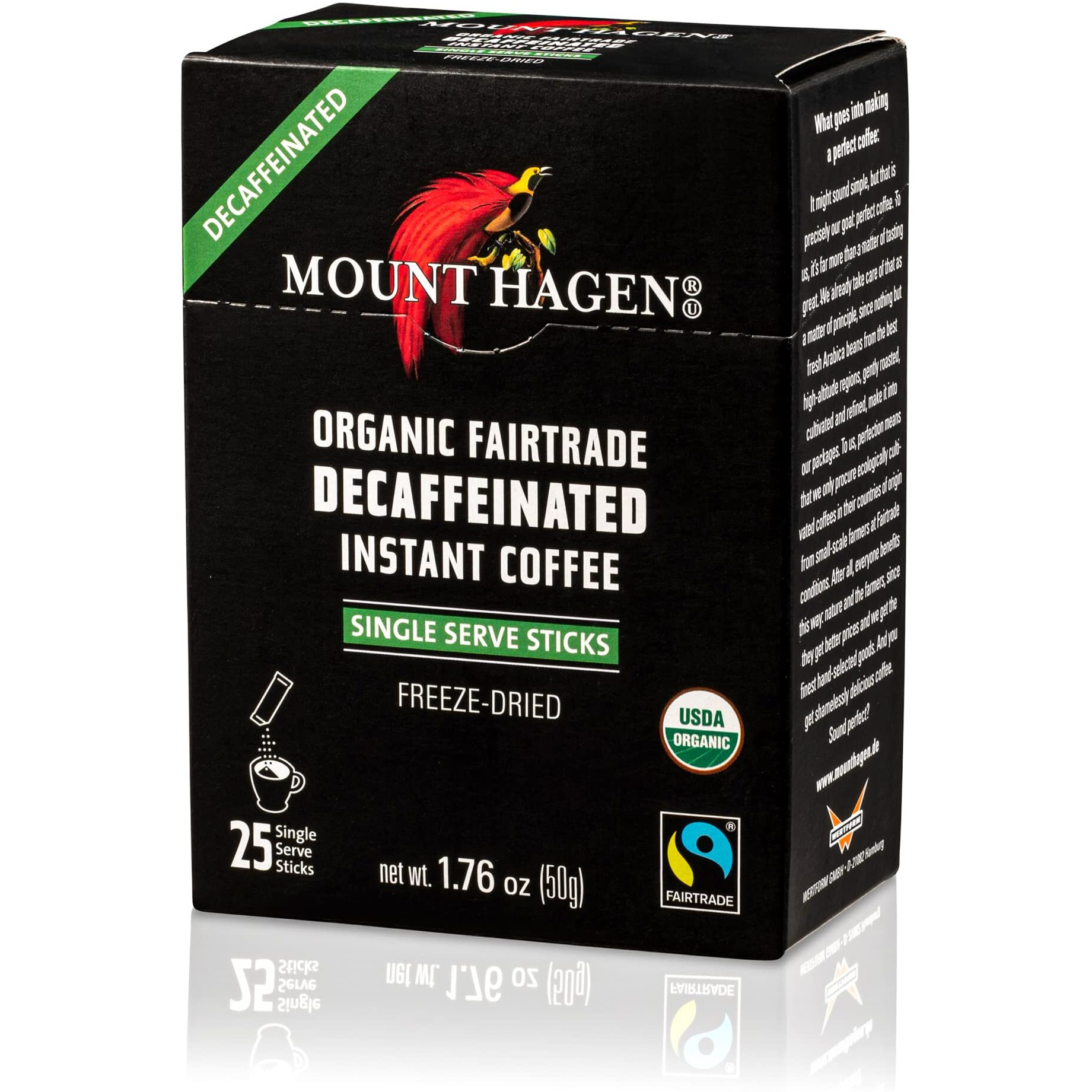 Mount Hagen 25 Count Single Serve Instant Decaf Coffee Packets | Decaffeinated Organic Medium Roast Arabica Beans | Eco-Friendly, Fair-Trade [25 Sticks/1.76Oz/50G]