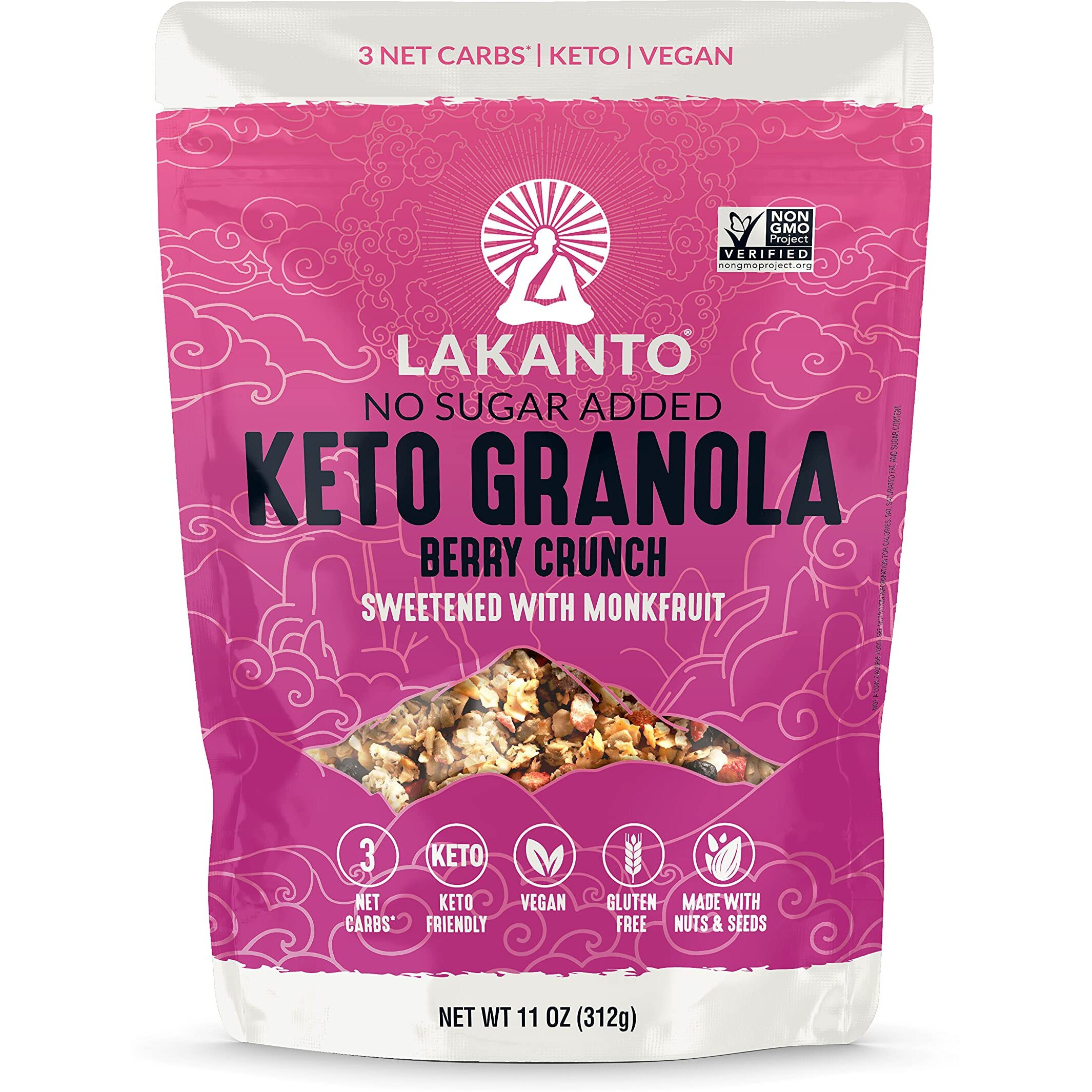 Lakanto Berry Crunch Granola - Delicious Snack, Quick Breakfast Cereal, Keto Friendly, Monk Fruit Sweetener, No Sugar Added, Vegan, Gluten Free, Grain Free, 3G Net Carbs (11 Oz)