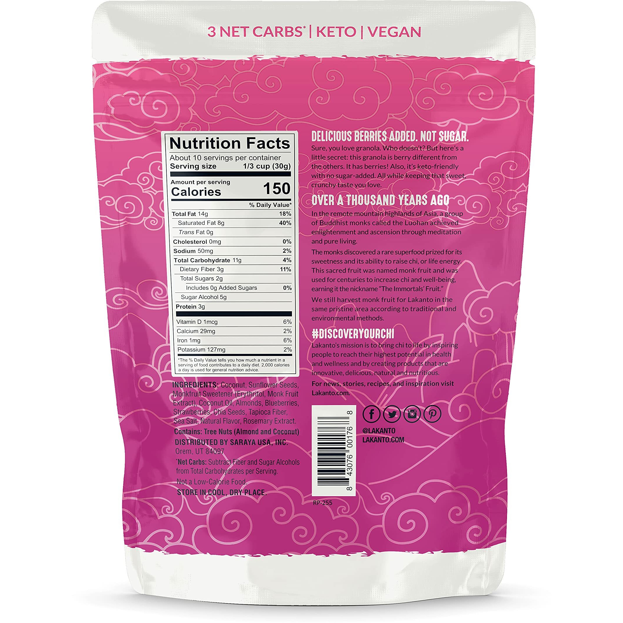 Lakanto Berry Crunch Granola - Delicious Snack, Quick Breakfast Cereal, Keto Friendly, Monk Fruit Sweetener, No Sugar Added, Vegan, Gluten Free, Grain Free, 3G Net Carbs (11 Oz)