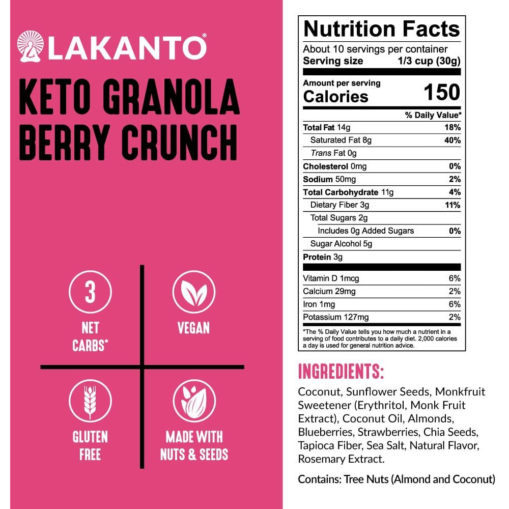 Lakanto Berry Crunch Granola - Delicious Snack, Quick Breakfast Cereal, Keto Friendly, Monk Fruit Sweetener, No Sugar Added, Vegan, Gluten Free, Grain Free, 3G Net Carbs (11 Oz)