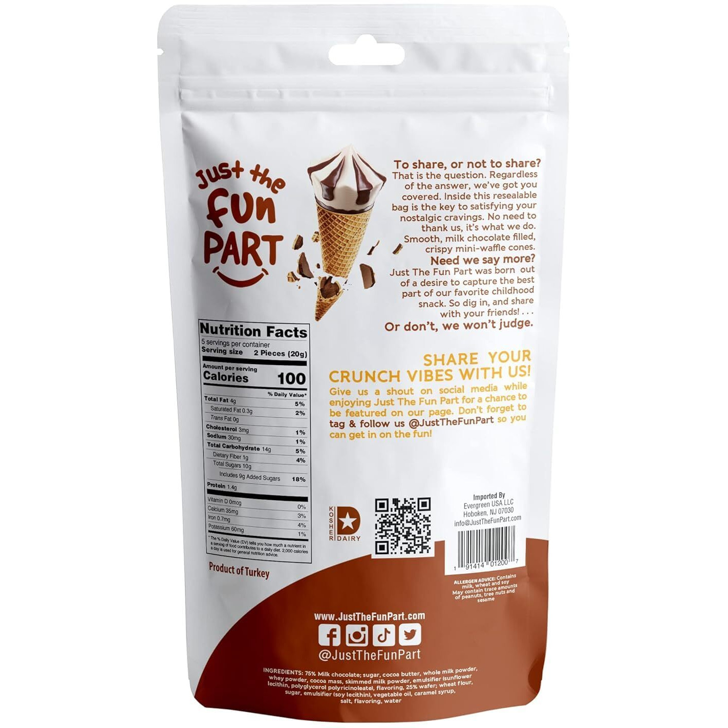 Just The Fun Part, Bite-Size Crispy Mini Waffle Cones With Premium Belgian Chocolate, Great For Snacks, Dessert, Grab & Go - Kosher, Milk Chocolate (Pack Of 6)