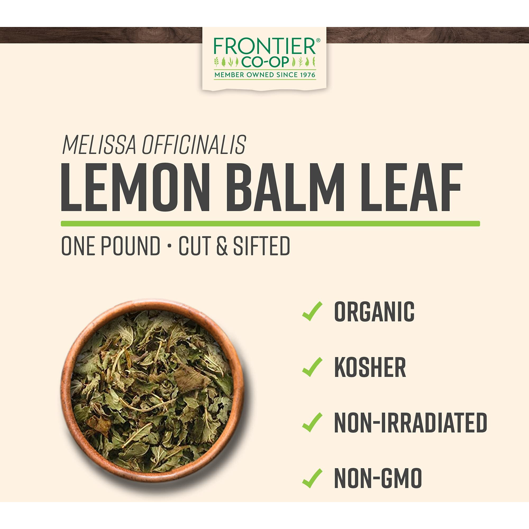 Frontier Co-Op Organic Cut & Sifted Lemon Balm Leaf 1Lb - Dried Lemon Balm Herb Lemon Balm Loose Leaf Tea Herb - Melissa Tea, Toronjil Tea