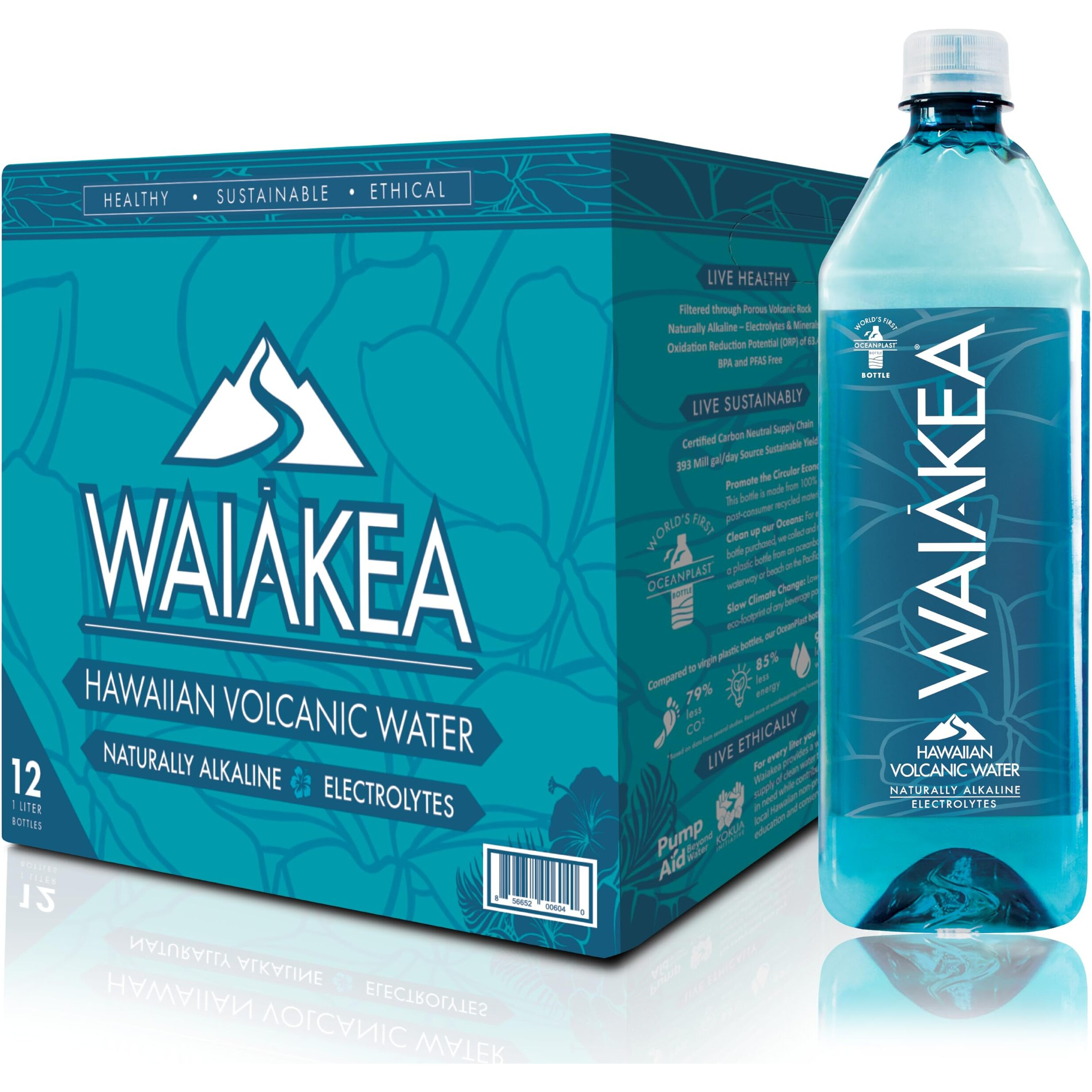 Waiakea Hawaiian Volcanic Water, Naturally Alkaline, 100% Recycled Bottle, 1L (Pack Of 12), 33.8 Fl Oz (Pack Of 12)