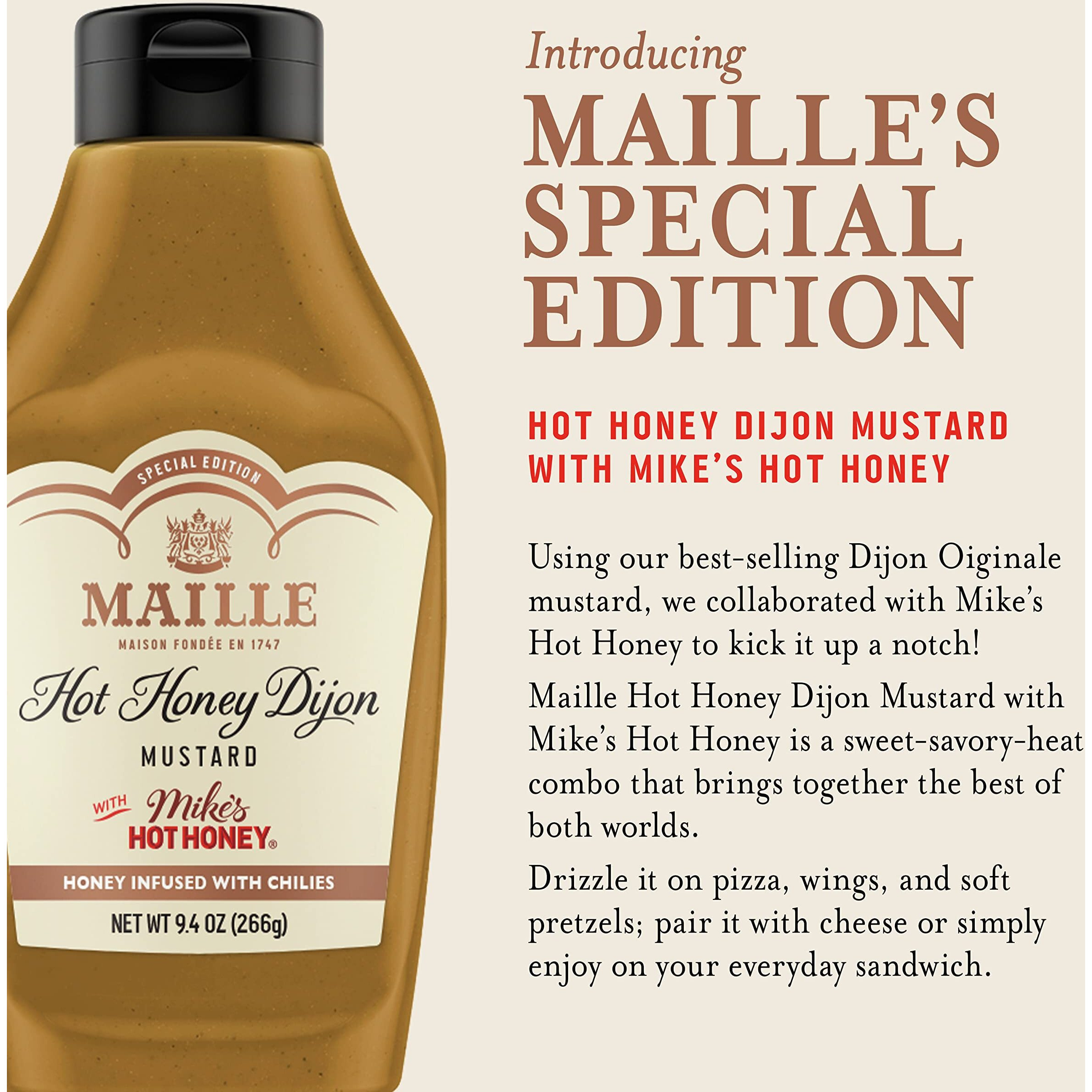 Maille X Mike's Hot Honey Special Edition Savory-Sweet Condiment With A Spicy Kick Hot Honey Dijon Mustard Gluten-Free, Shelf-Stable 9.4Oz