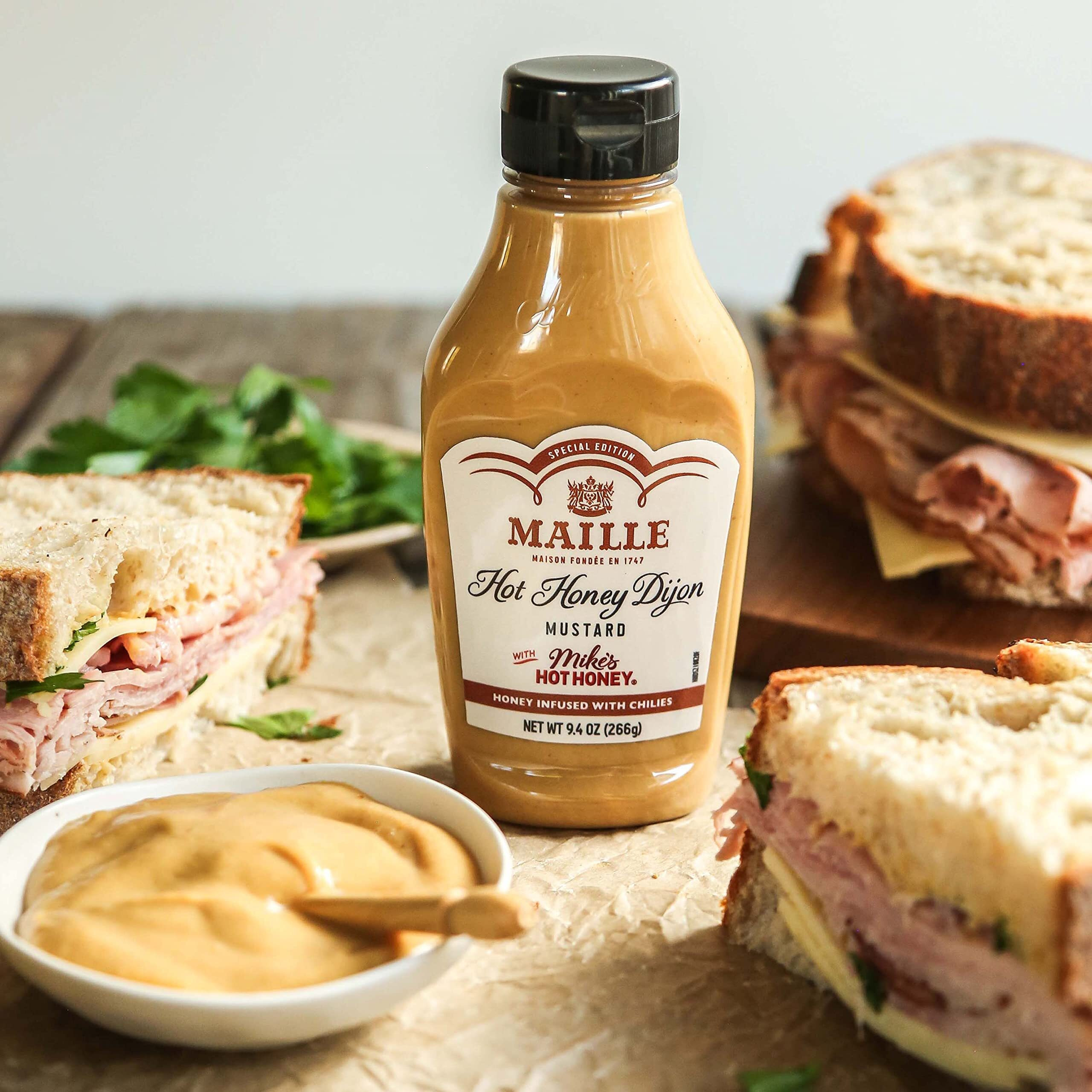 Maille X Mike's Hot Honey Special Edition Savory-Sweet Condiment With A Spicy Kick Hot Honey Dijon Mustard Gluten-Free, Shelf-Stable 9.4Oz