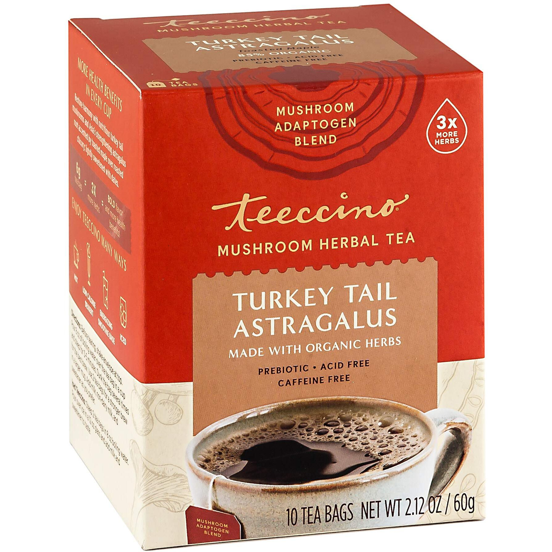 Teeccino Turkey Tail Astragalus - Toasted Maple - Caffeine Free Mushroom Adaptogenic Herbal Tea, 3X More Herbs Than Regular Tea Bags, Lightly Sweet From Dates & Figs, Chicory Prebiotic - 10 Tea Bags
