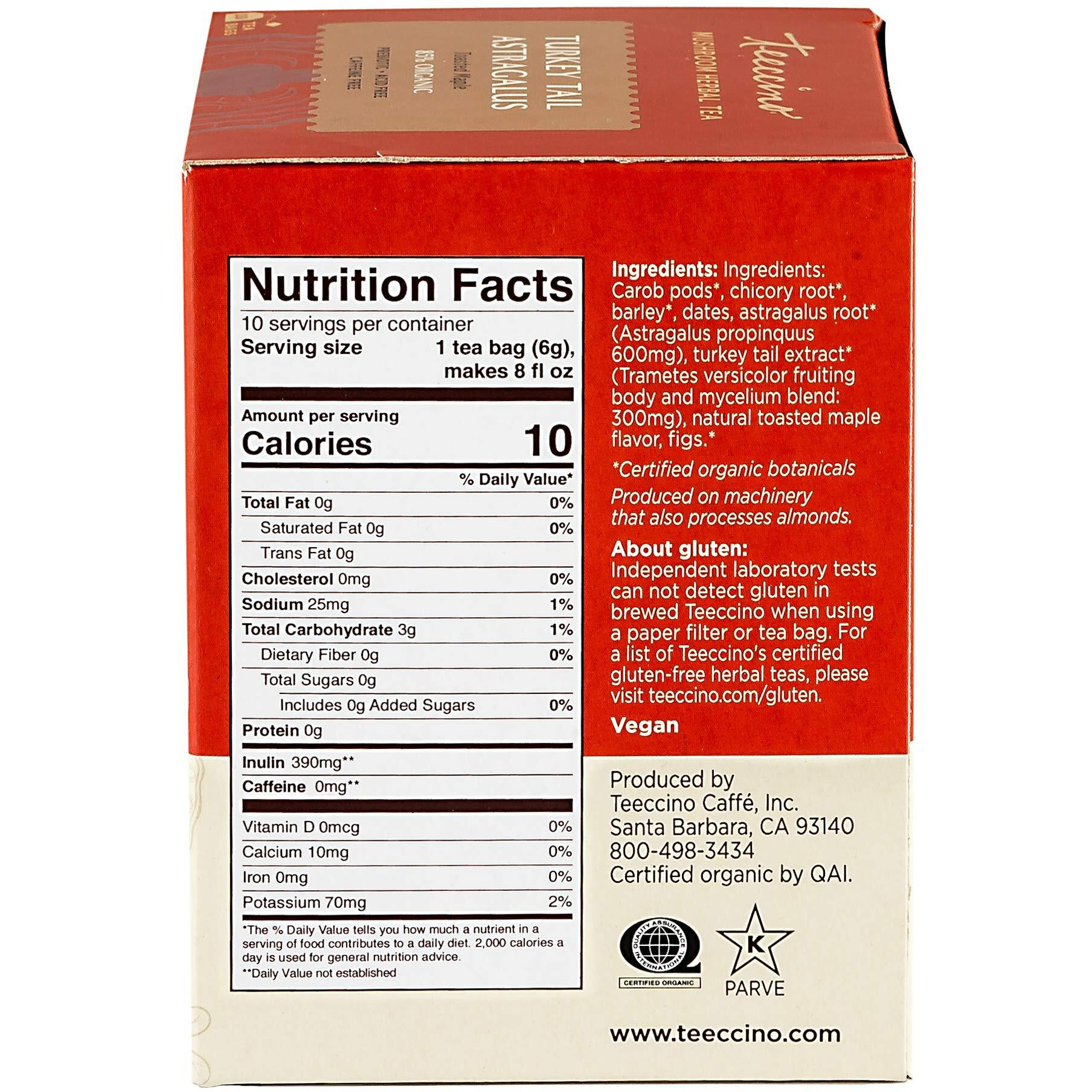 Teeccino Turkey Tail Astragalus - Toasted Maple - Caffeine Free Mushroom Adaptogenic Herbal Tea, 3X More Herbs Than Regular Tea Bags, Lightly Sweet From Dates & Figs, Chicory Prebiotic - 10 Tea Bags