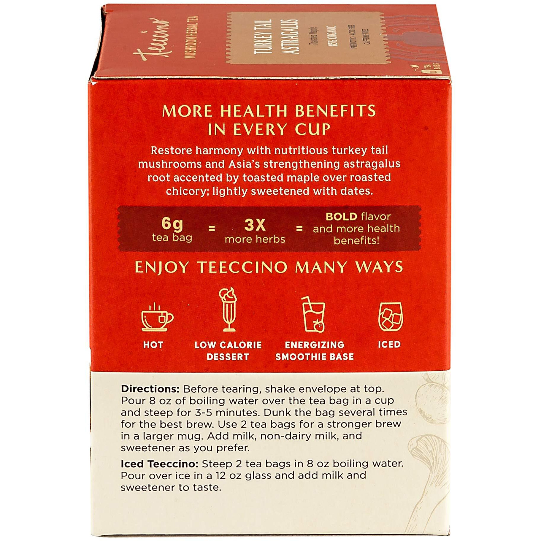 Teeccino Turkey Tail Astragalus - Toasted Maple - Caffeine Free Mushroom Adaptogenic Herbal Tea, 3X More Herbs Than Regular Tea Bags, Lightly Sweet From Dates & Figs, Chicory Prebiotic - 10 Tea Bags