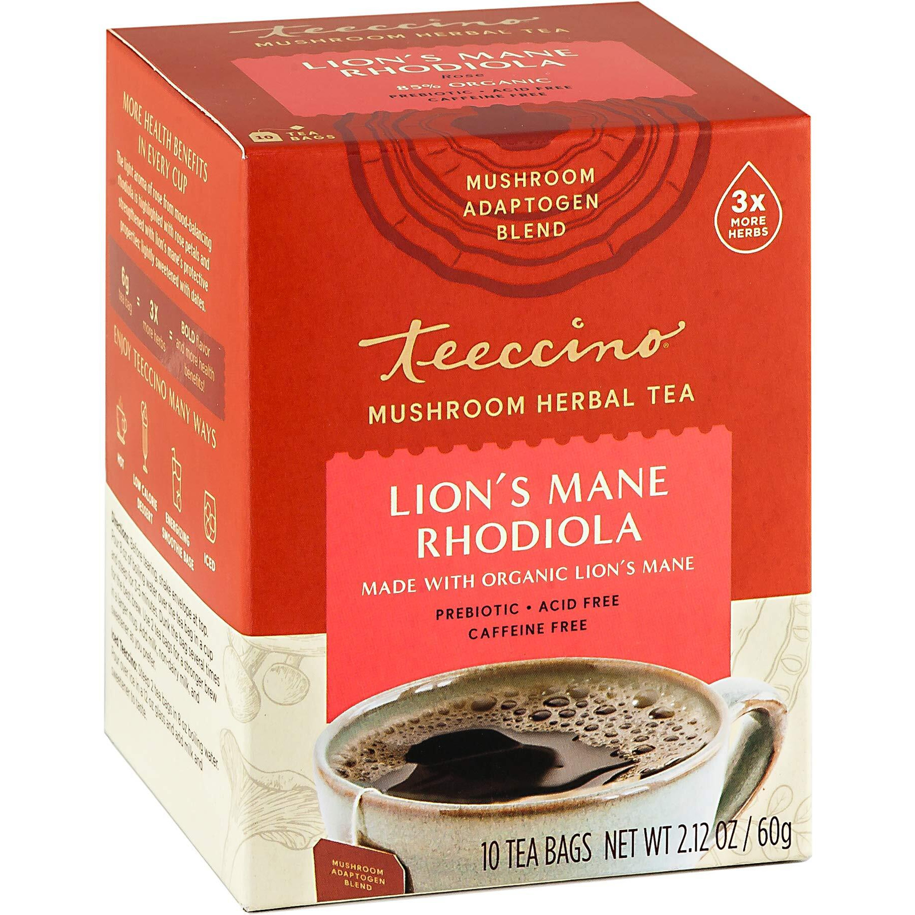 Teeccino Caffeine-Free Mushroom Adaptogenic Herbal Tea - Lions Mane Rhodiola Tea - Rose, 3X More Herbs Than Regular Teas, Lightly Sweet From Dates & Figs, Chicory Prebiotic - 10 Tea Bags