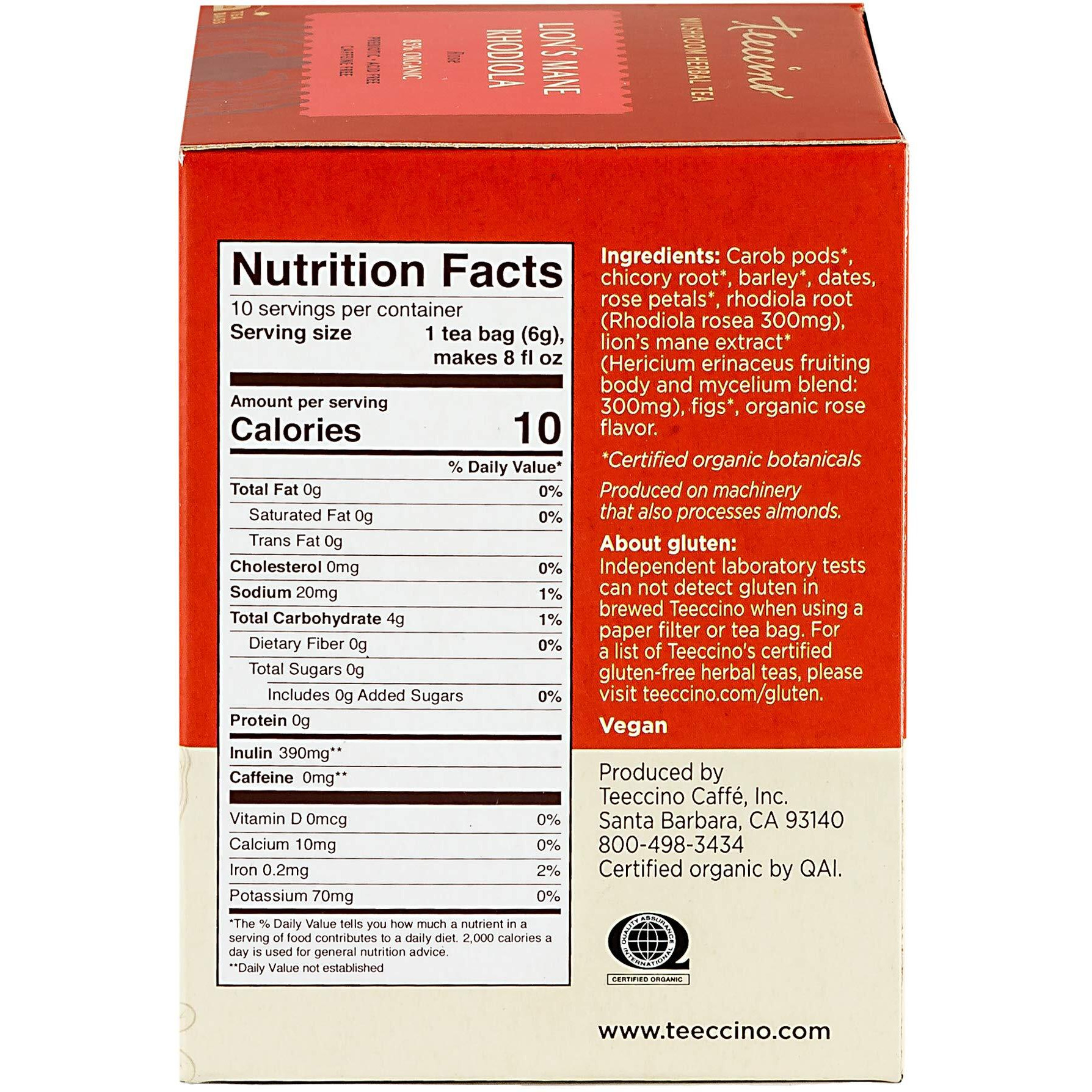 Teeccino Caffeine-Free Mushroom Adaptogenic Herbal Tea - Lions Mane Rhodiola Tea - Rose, 3X More Herbs Than Regular Teas, Lightly Sweet From Dates & Figs, Chicory Prebiotic - 10 Tea Bags