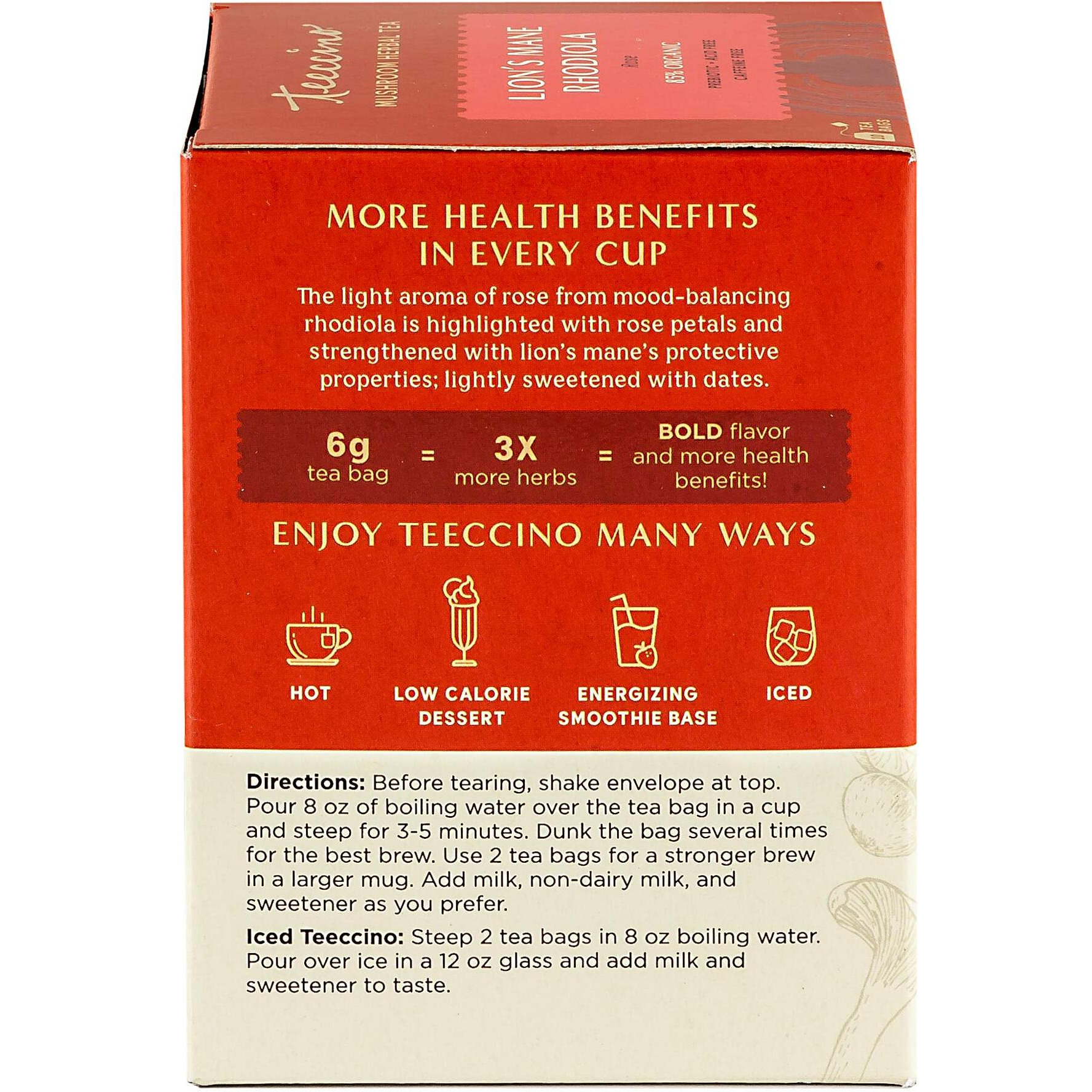 Teeccino Caffeine-Free Mushroom Adaptogenic Herbal Tea - Lions Mane Rhodiola Tea - Rose, 3X More Herbs Than Regular Teas, Lightly Sweet From Dates & Figs, Chicory Prebiotic - 10 Tea Bags