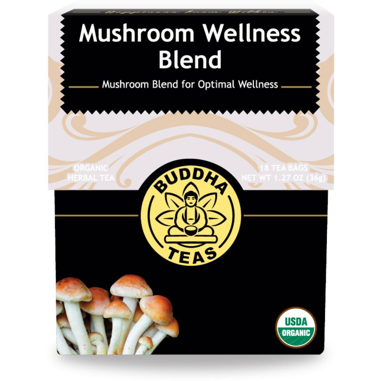 Buddha Teas - Organic Mushroom Wellness Blend - Herbal Tea - For Health & Wellbeing - With Antioxidants & Minerals - Clean Ingredients - Caffeine Free - Ou Kosher & Non-Gmo - 18 Tea Bags (Pack Of 1).