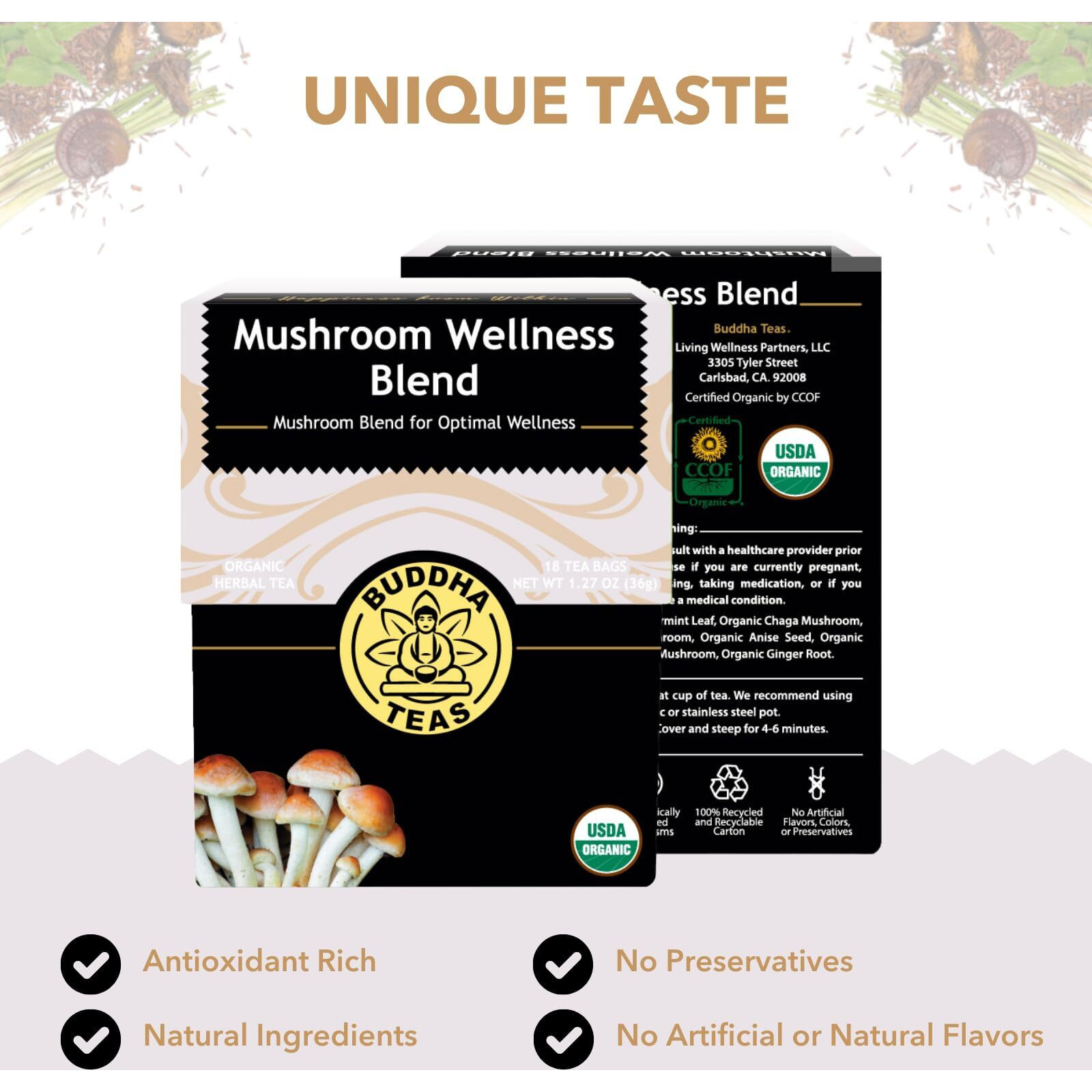 Buddha Teas - Organic Mushroom Wellness Blend - Herbal Tea - For Health & Wellbeing - With Antioxidants & Minerals - Clean Ingredients - Caffeine Free - Ou Kosher & Non-Gmo - 18 Tea Bags (Pack Of 1).