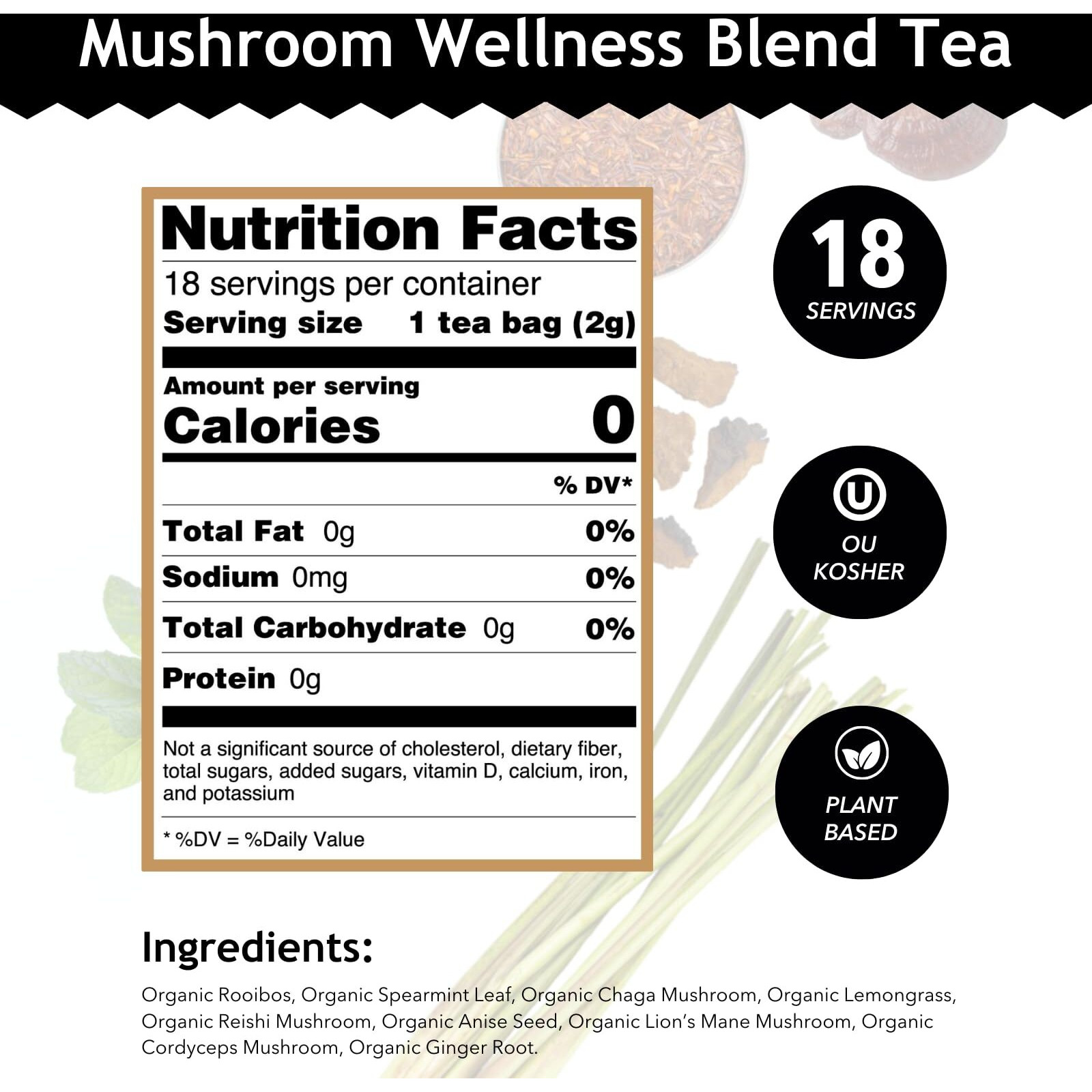 Buddha Teas - Organic Mushroom Wellness Blend - Herbal Tea - For Health & Wellbeing - With Antioxidants & Minerals - Clean Ingredients - Caffeine Free - Ou Kosher & Non-Gmo - 18 Tea Bags (Pack Of 1).