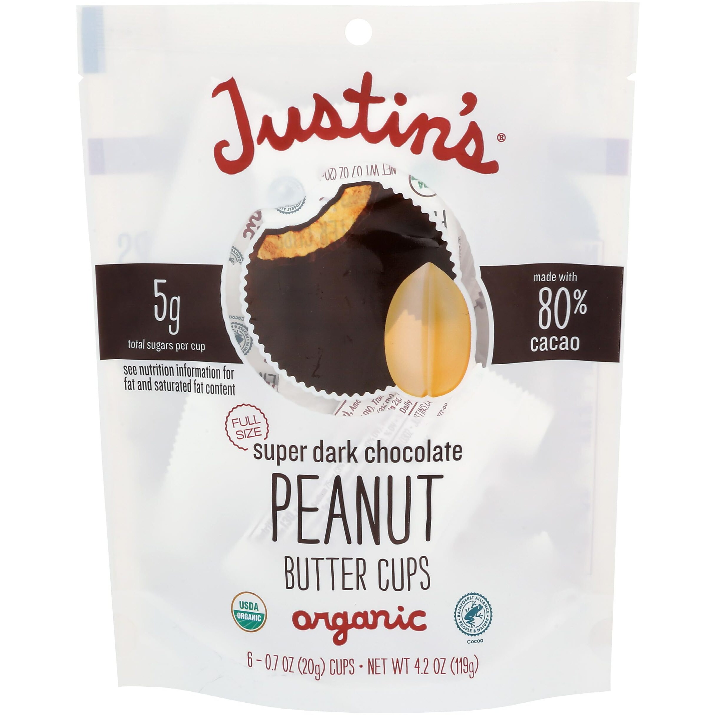 Justins Organic Super Dark Chocolate Peanut Butter Cups, 4.2 Oz