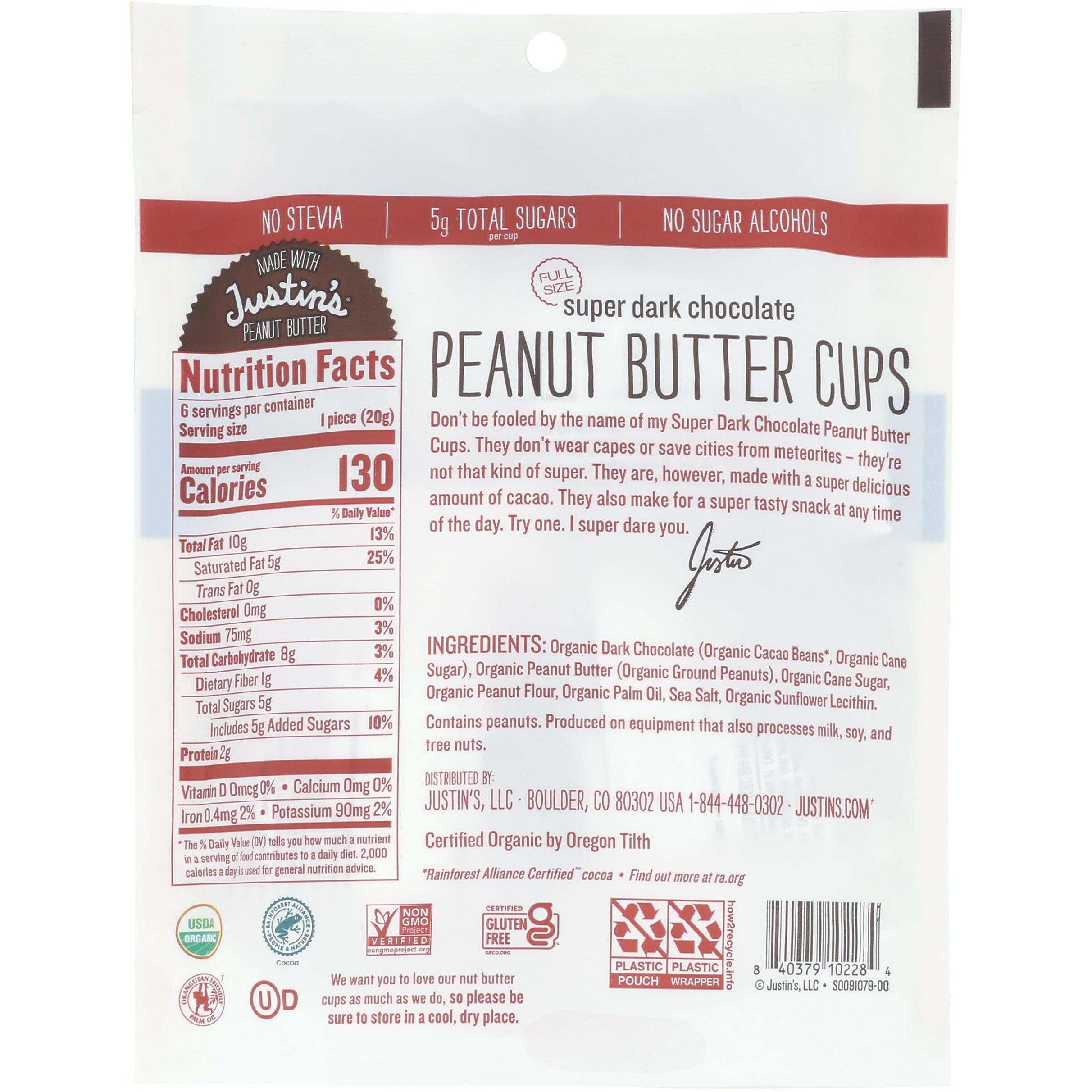 Justins Organic Super Dark Chocolate Peanut Butter Cups, 4.2 Oz