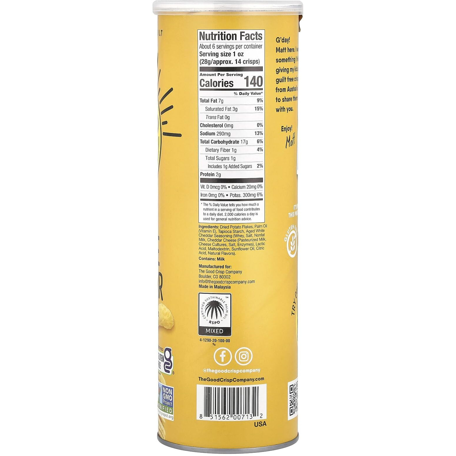 The Good Crisp Company Aged White Cheddar Potato Crisps, 5.6 Oz