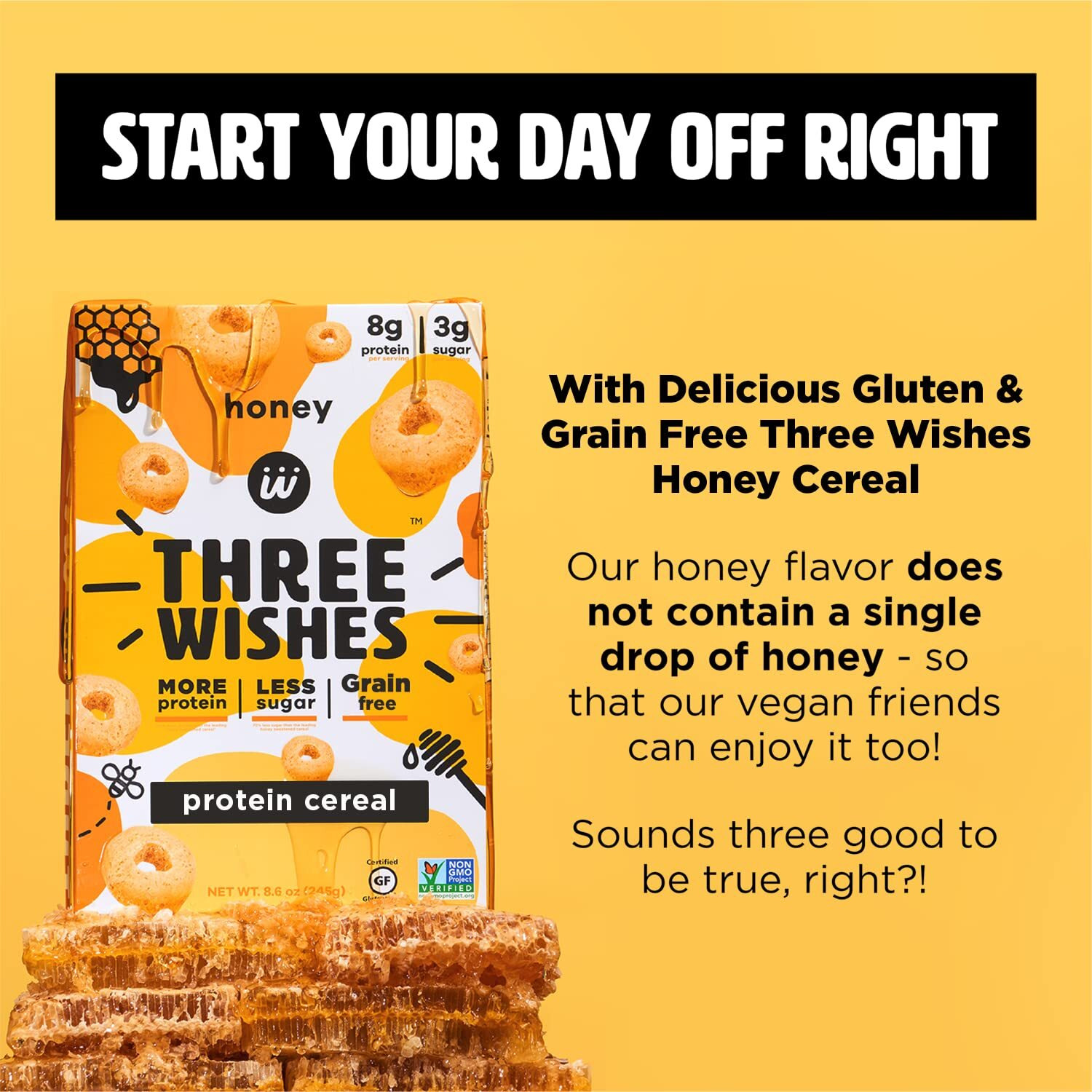 Protein And Gluten-Free Breakfast Cereal By Three Wishes (1-Pack) - High Protein And Low Sugar Snack - Vegan, Kosher, Grain-Free And Dairy-Free - Non-Gmo (Honey)