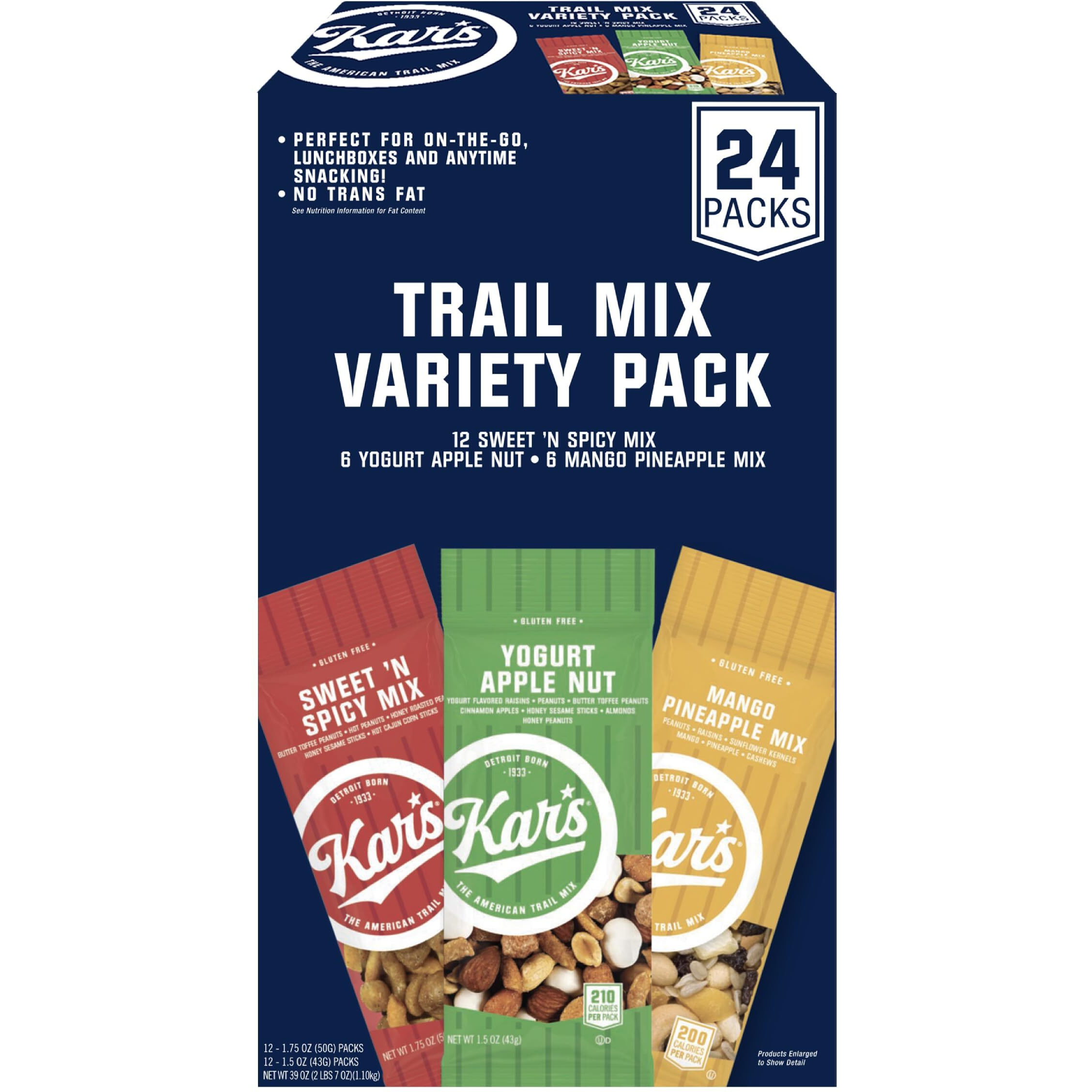 Kars Nuts Trail Mix Variety Pack, Pack Of 24 - Yogurt Apple Nut, Mango Pineapple Mix, Sweet N Spicy - Individually Wrapped, Gluten-Free Snack Mix