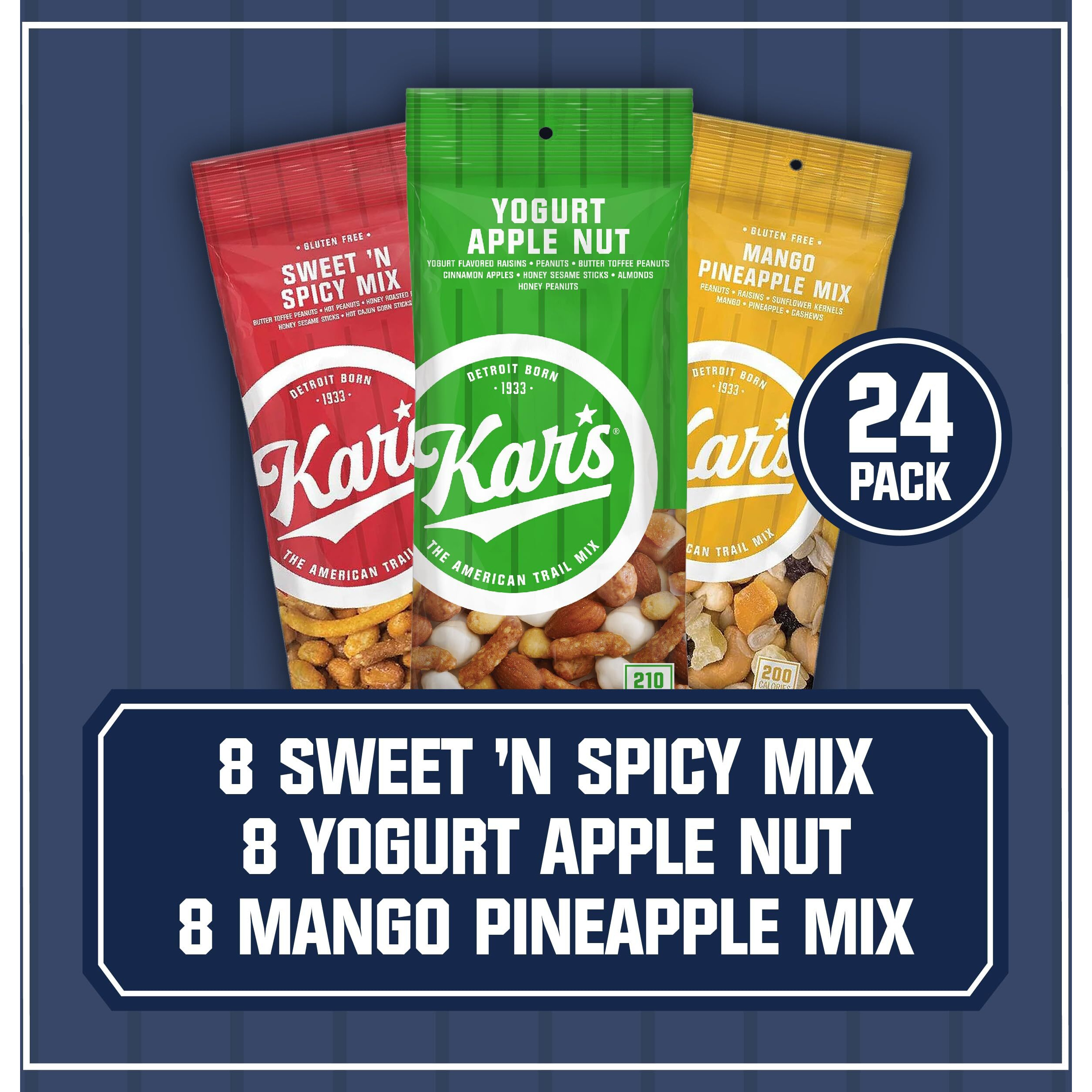 Kars Nuts Trail Mix Variety Pack, Pack Of 24 - Yogurt Apple Nut, Mango Pineapple Mix, Sweet N Spicy - Individually Wrapped, Gluten-Free Snack Mix