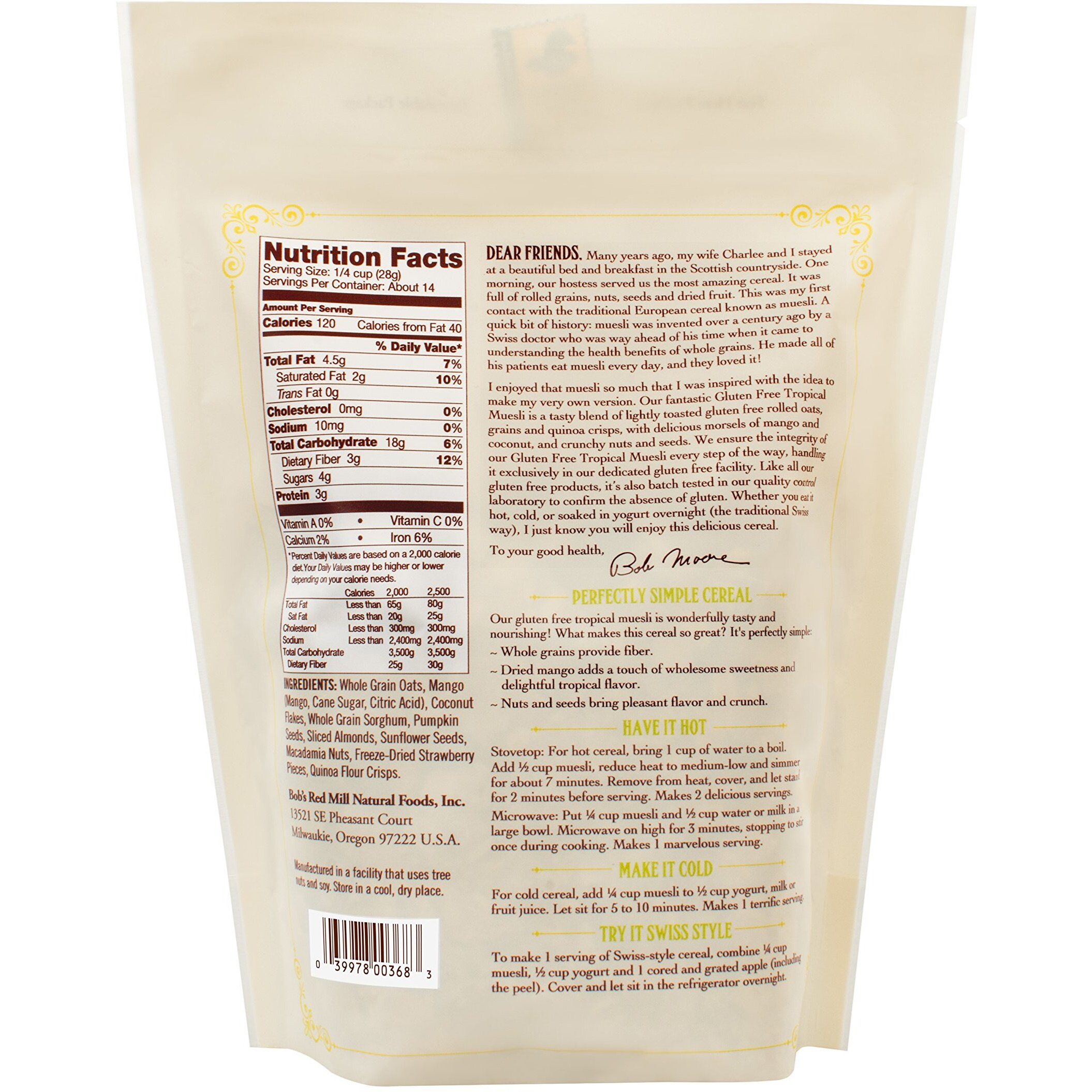 Bobs Red Mill Cereal Muesli Tropical 14 Oz