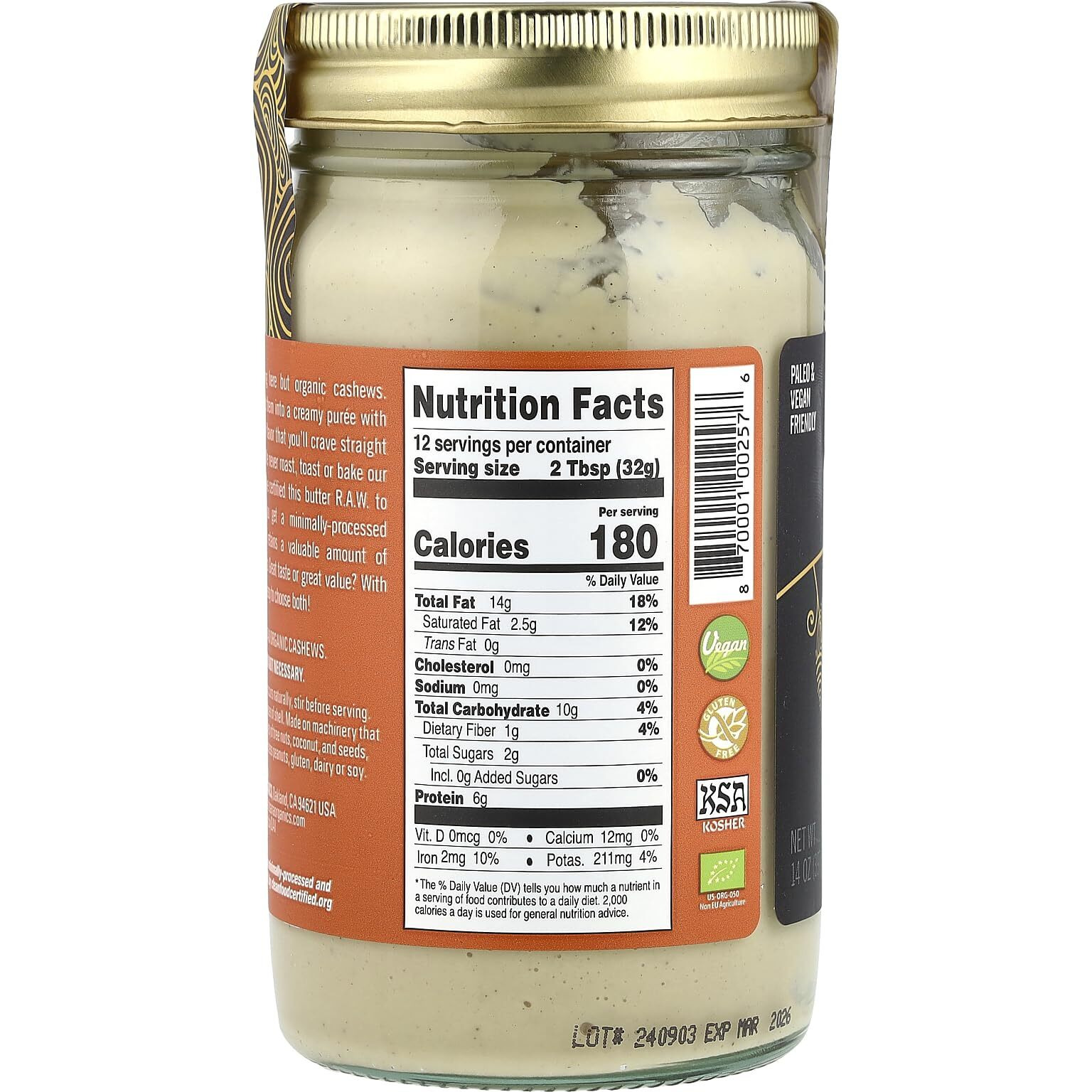 Artisana Organics Raw Cashew Butter - No Sugar Added, Vegan And Paleo Friendly, Non Gmo, 14Oz Jar