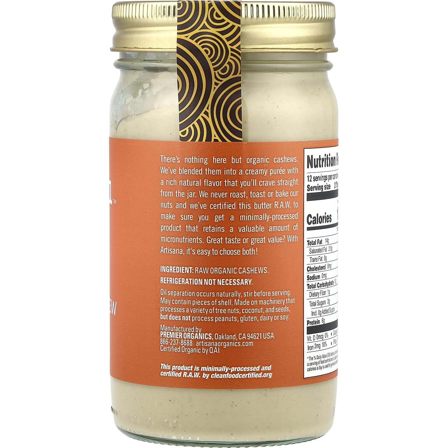 Artisana Organics Raw Cashew Butter - No Sugar Added, Vegan And Paleo Friendly, Non Gmo, 14Oz Jar