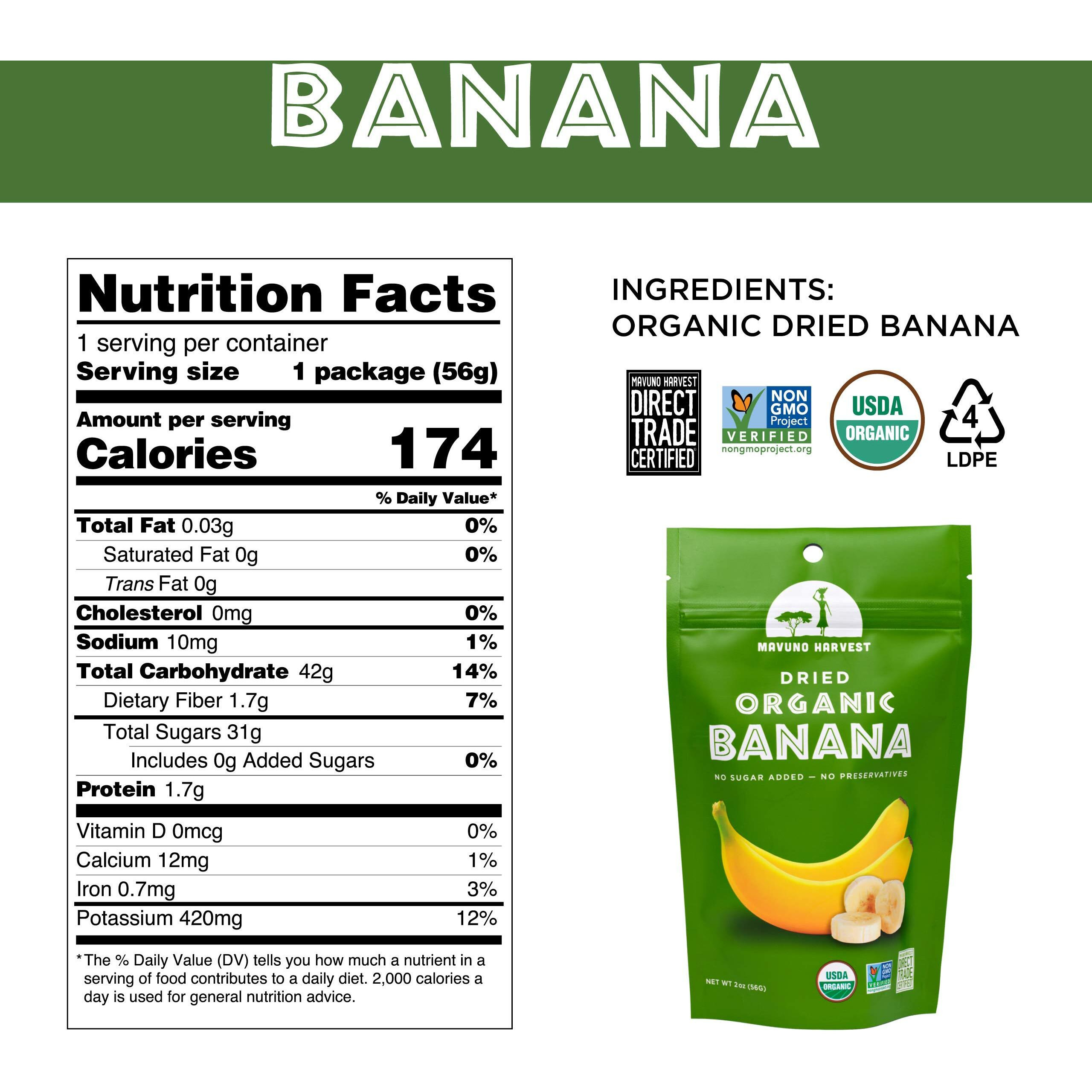Mavuno Harvest Dried Banana Chips Fruit Snacks | Organic Dried Banana | Healthy Snacks For Kids & Adults | Unsweetened Banana Chips | Gluten Free Snack | Vegan, Non Gmo, Direct Trade | 2 Oz, Pack Of 6